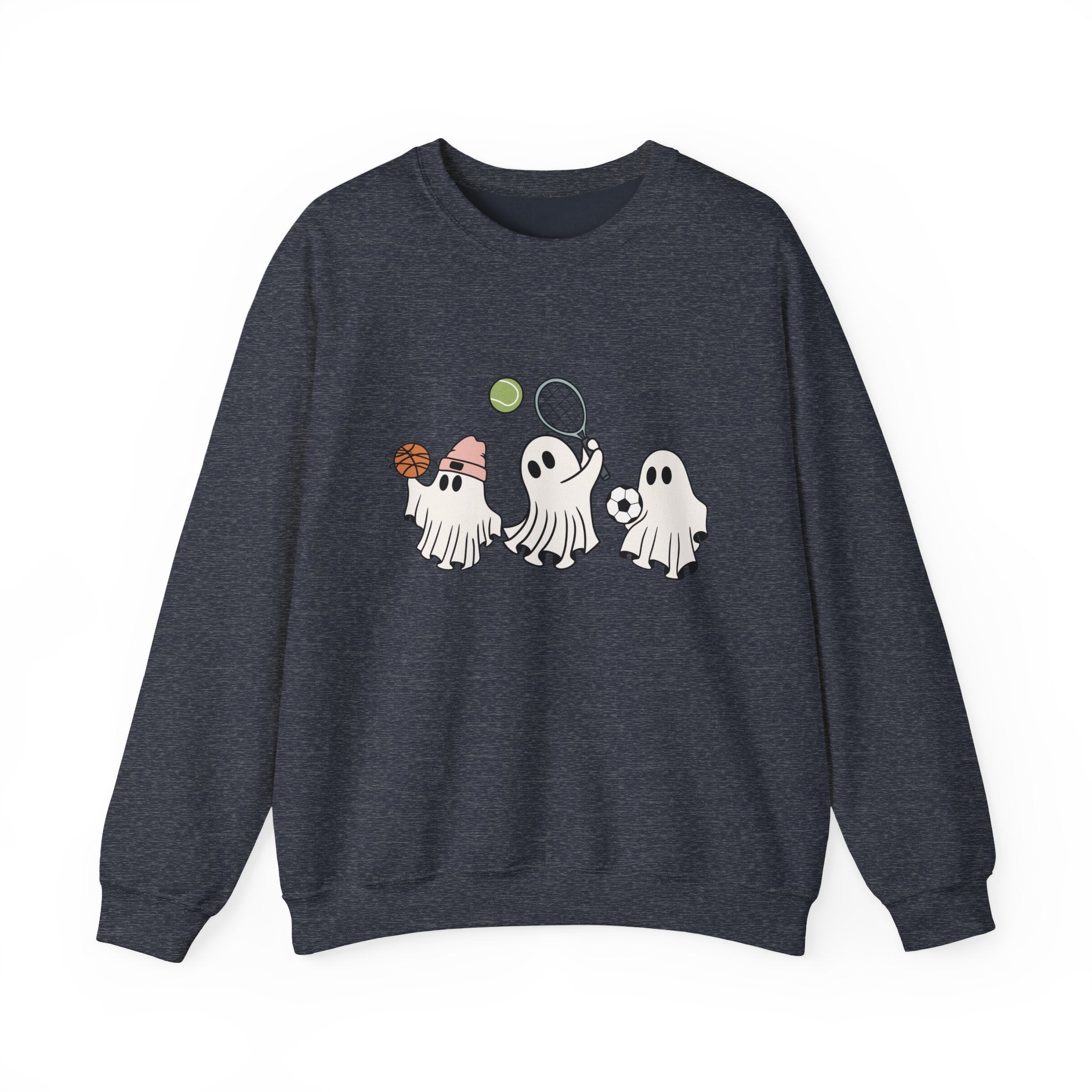 Heather sport dark navy sweatshirt with ghost graphic on a white background