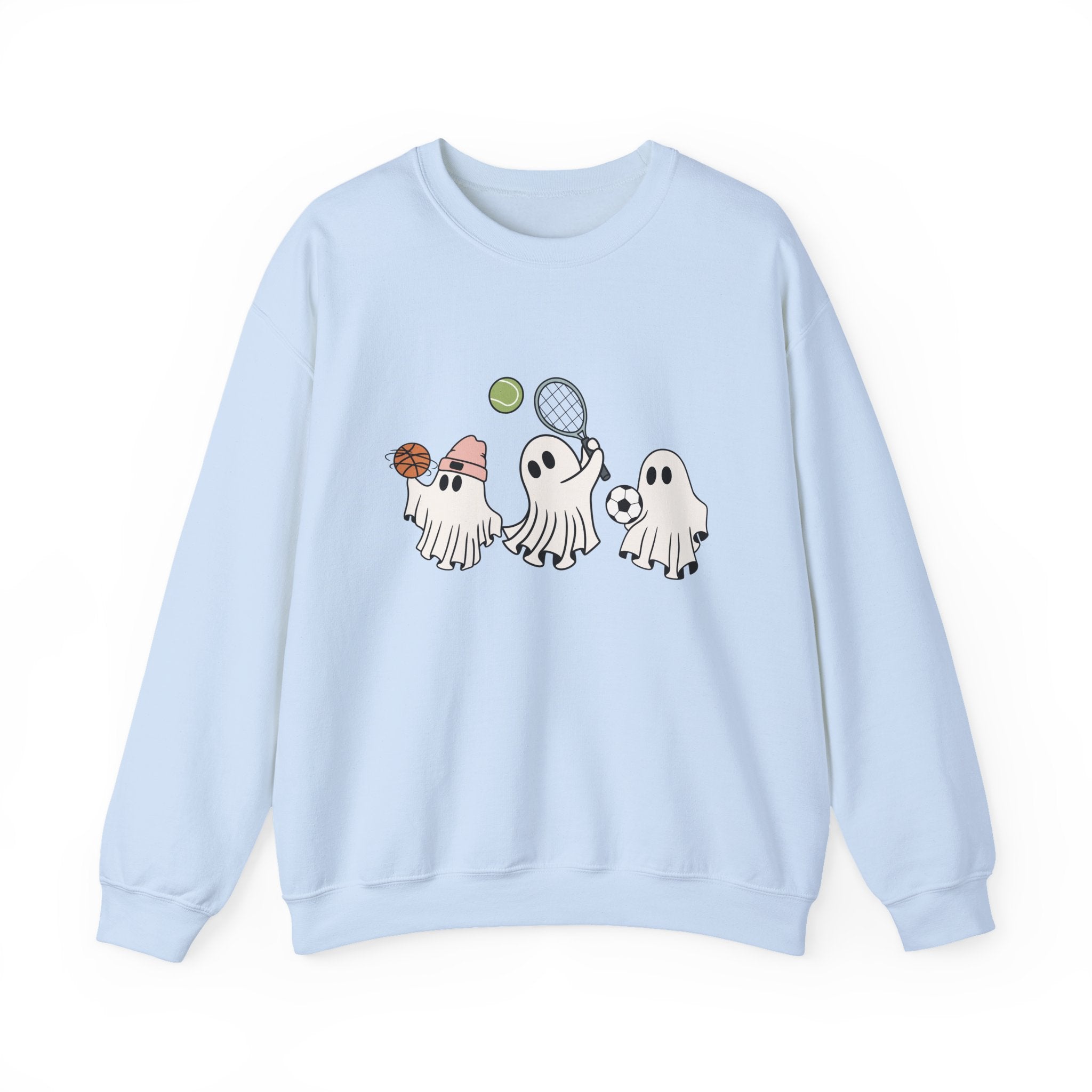 Light blue sweatshirt with cartoon ghost characters on a white background
