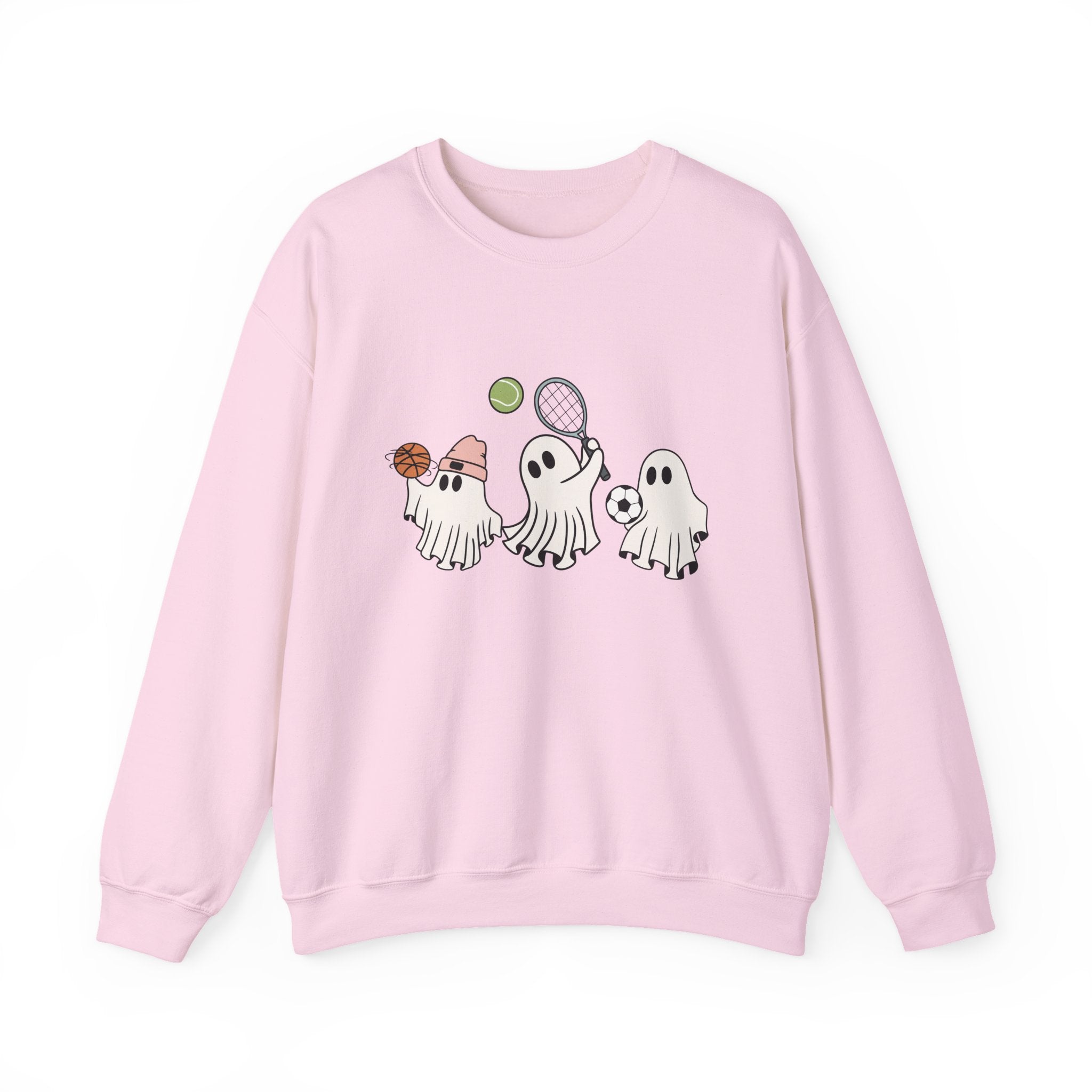 Light pink sweatshirt with cartoon ghost characters and sports equipment on a white background