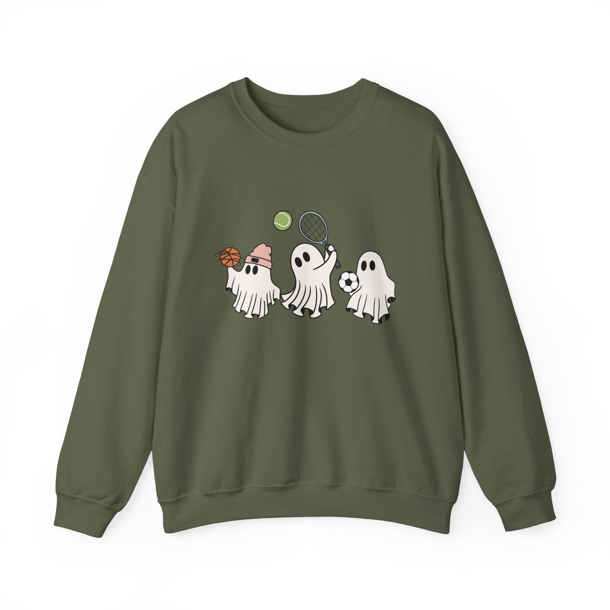 Military green sweatshirt with cartoon ghosts design on a white background