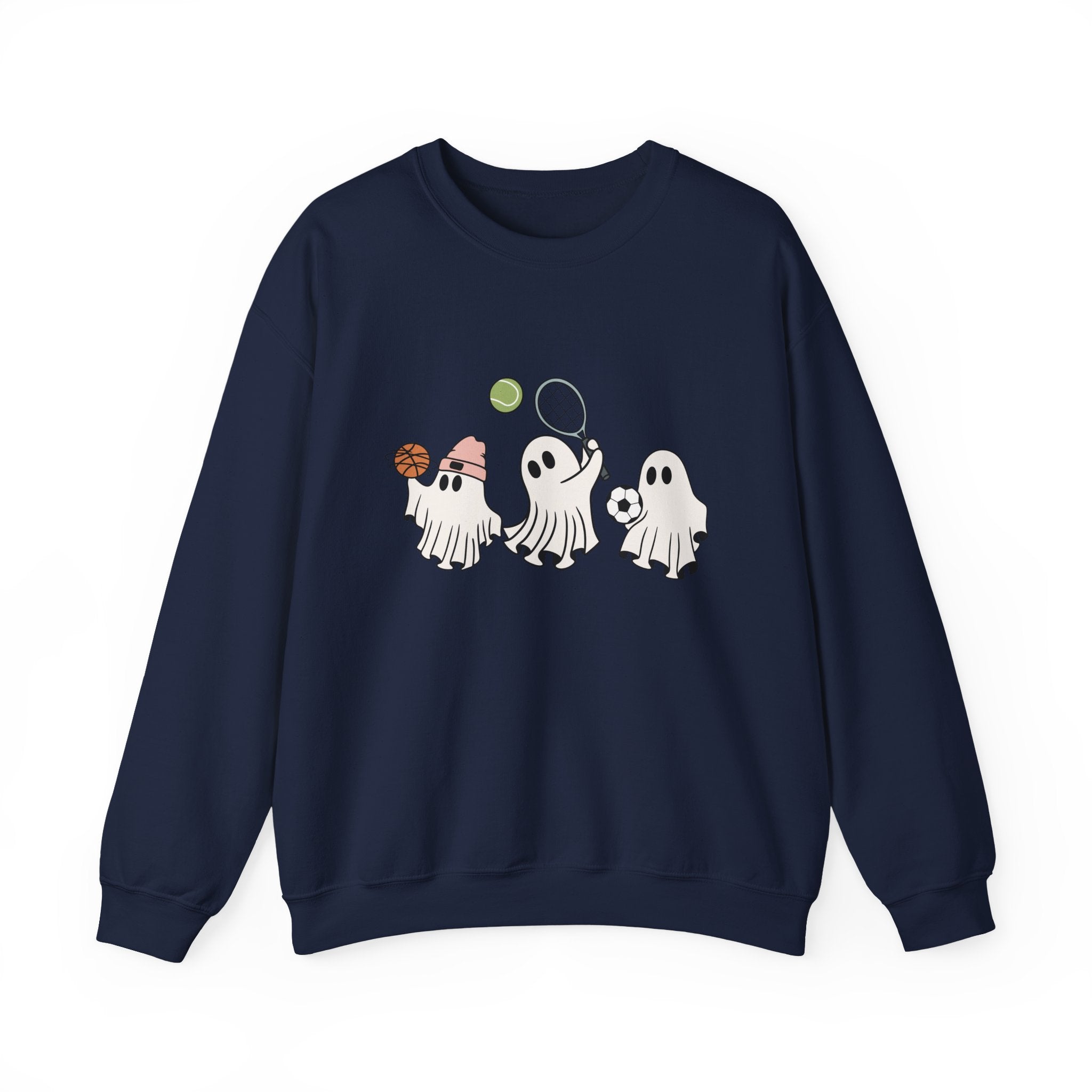 Navy blue sweatshirt with ghost graphic on a white background