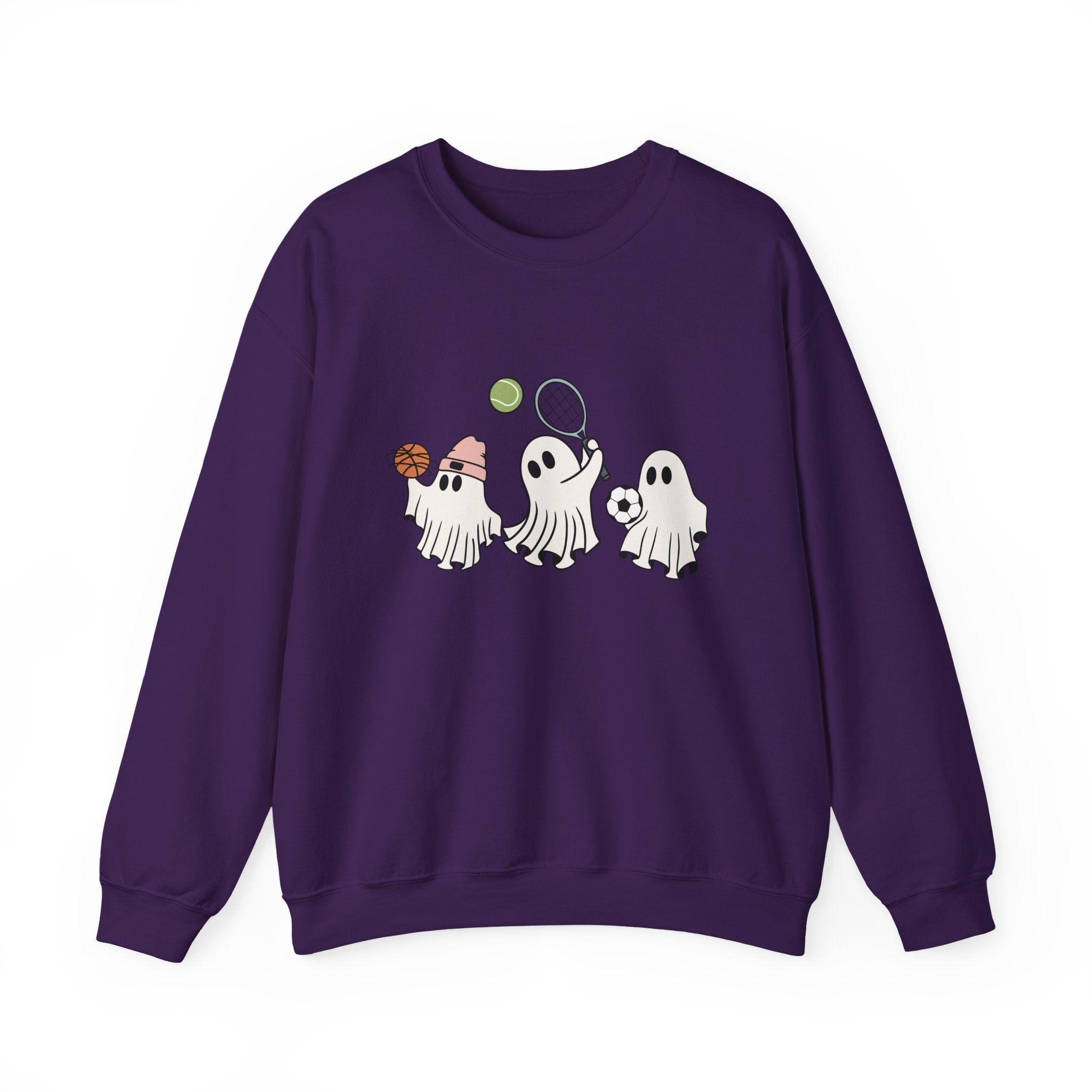 Purple sweatshirt with ghost graphic on a white background