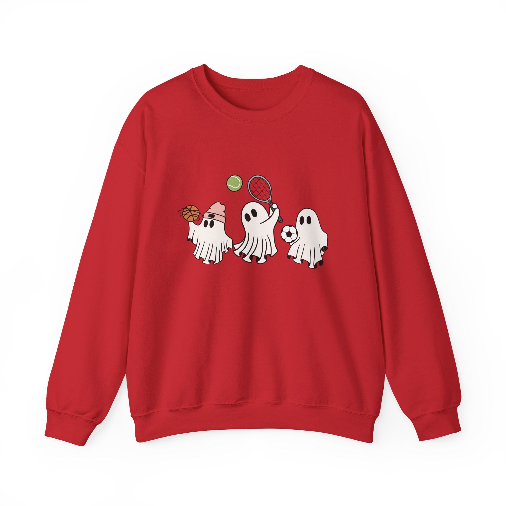 Red sweatshirt with cartoon ghosts design on a white background