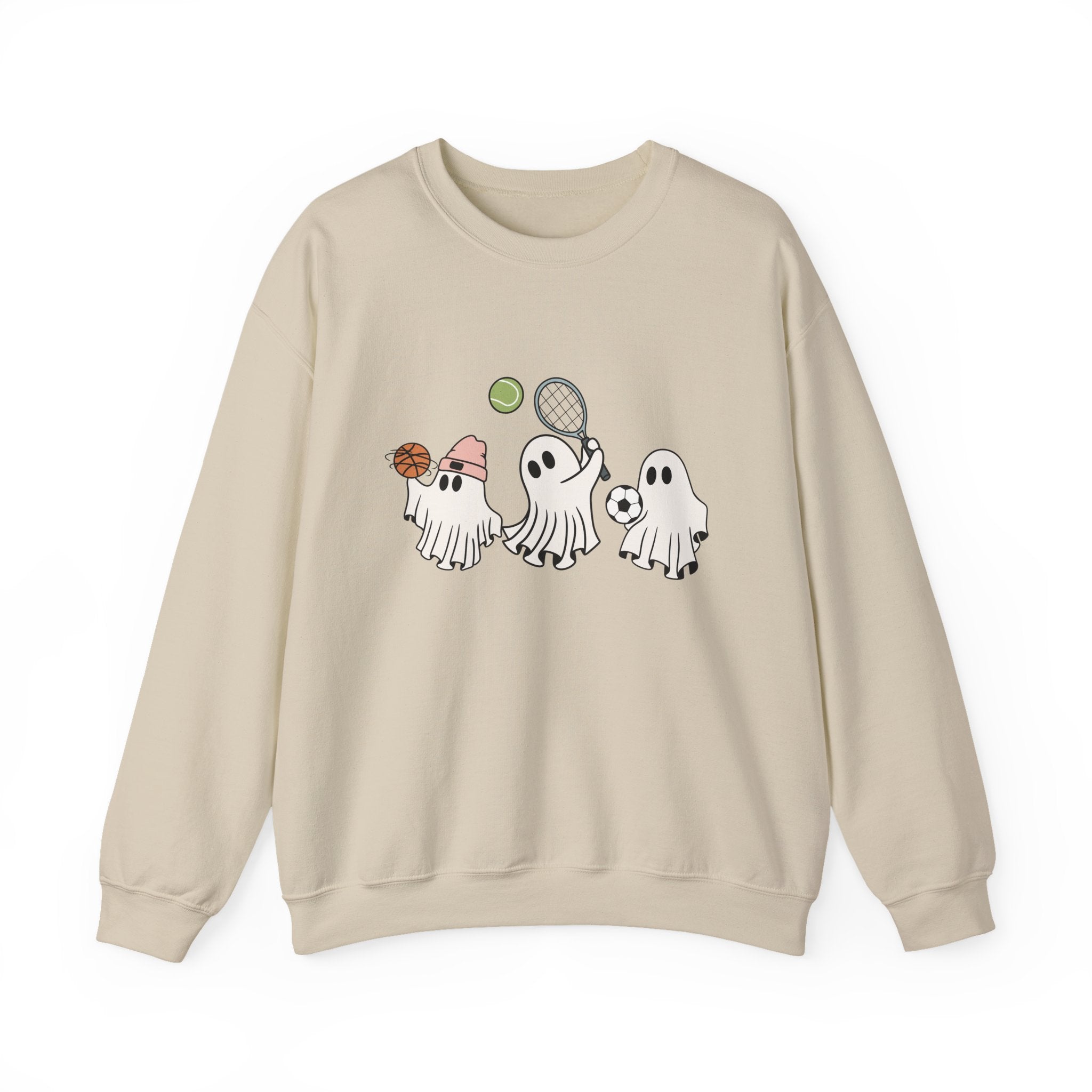 Beige sweatshirt with cartoon ghosts playing sports on a white background