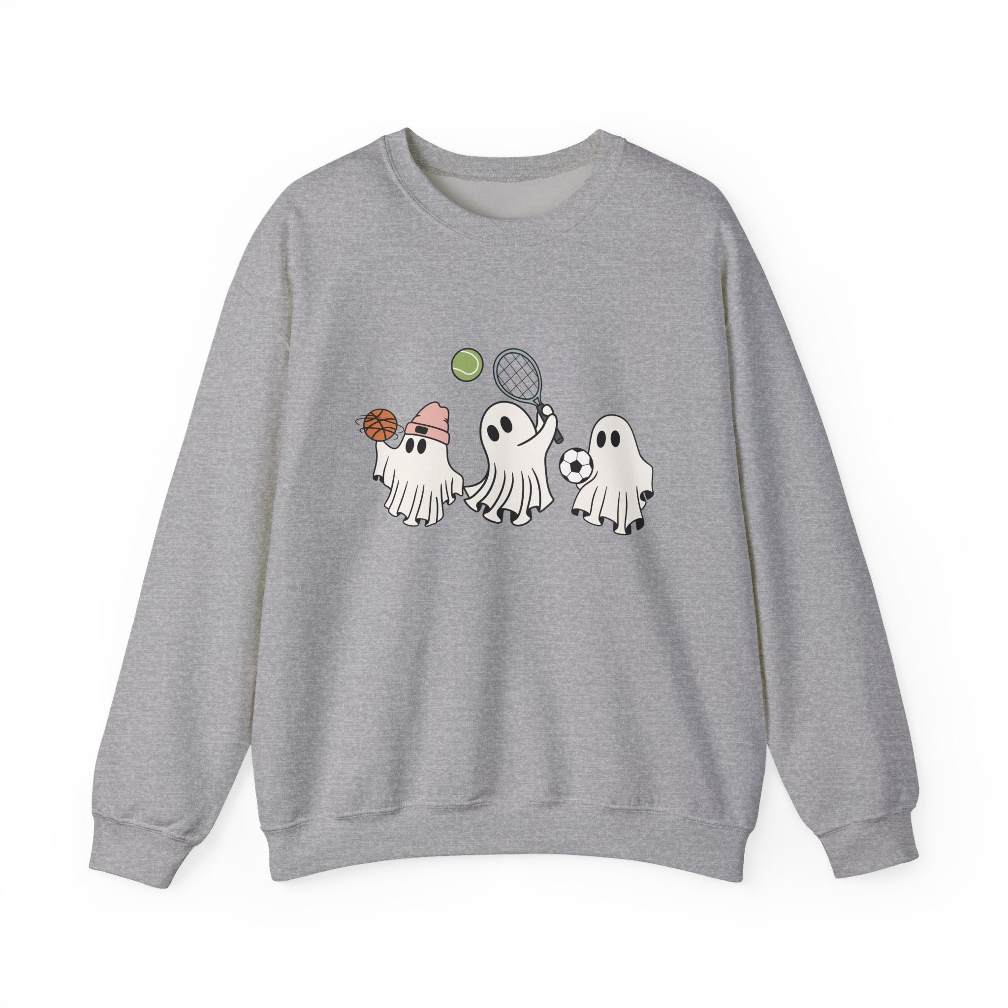 Gray sweatshirt with cartoon ghosts playing sports on a white background