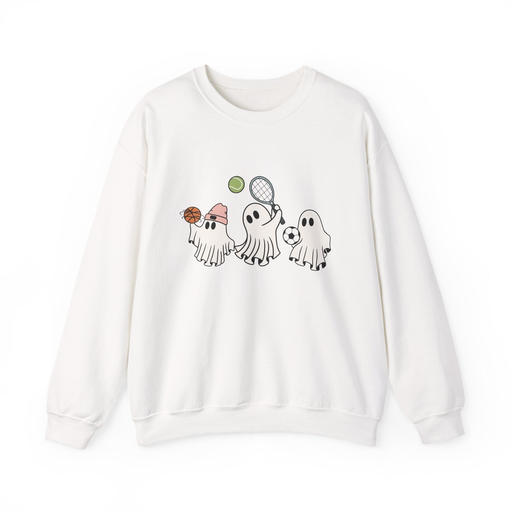 White sweatshirt with cartoon ghost design on a white background