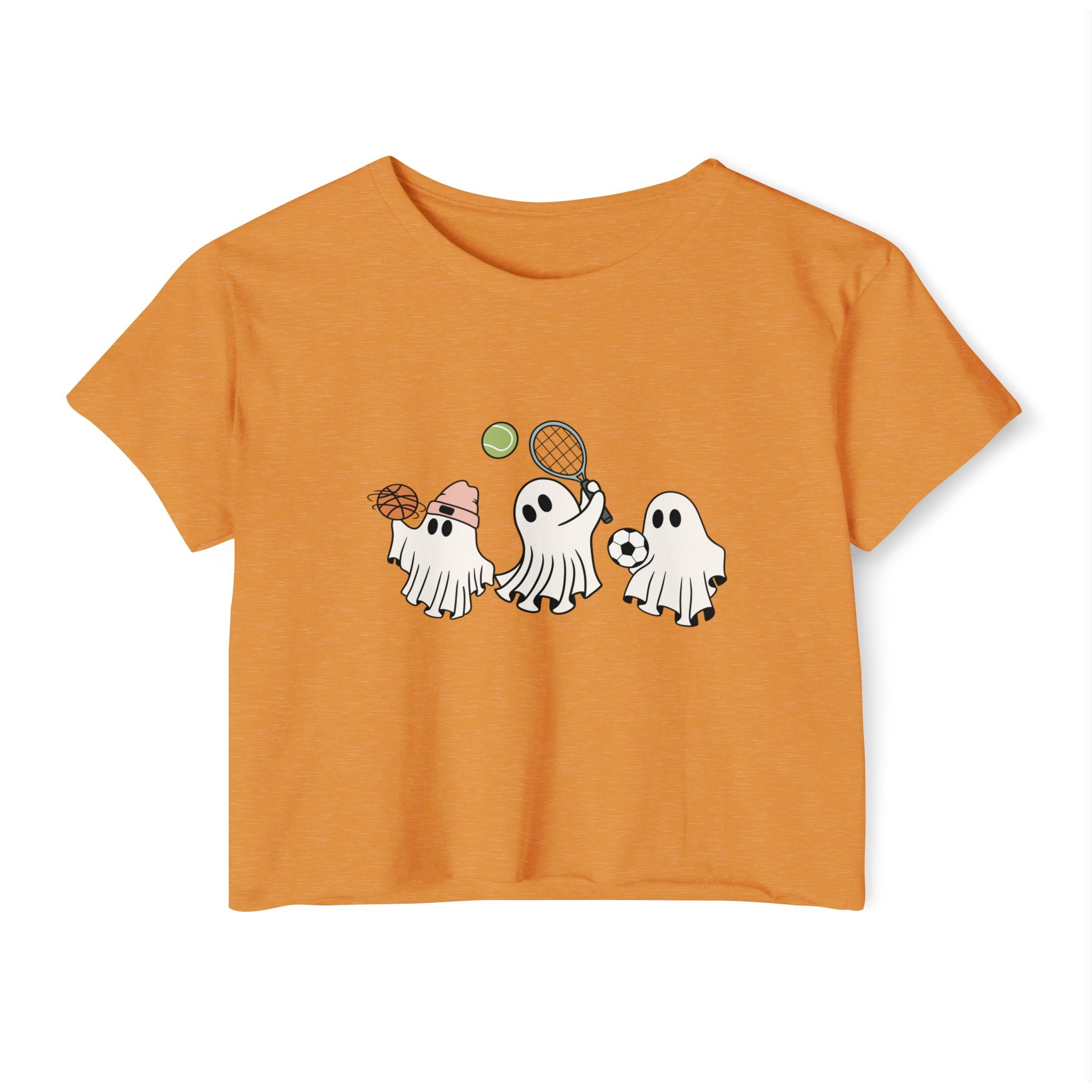 Antique gold orange t-shirt with cartoon ghosts playing sports on a white background