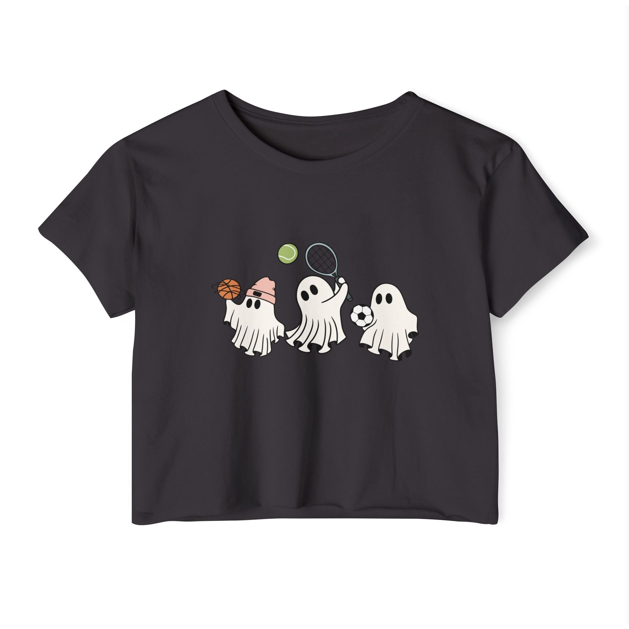 Black t-shirt with cartoon ghosts playing sports on a white background