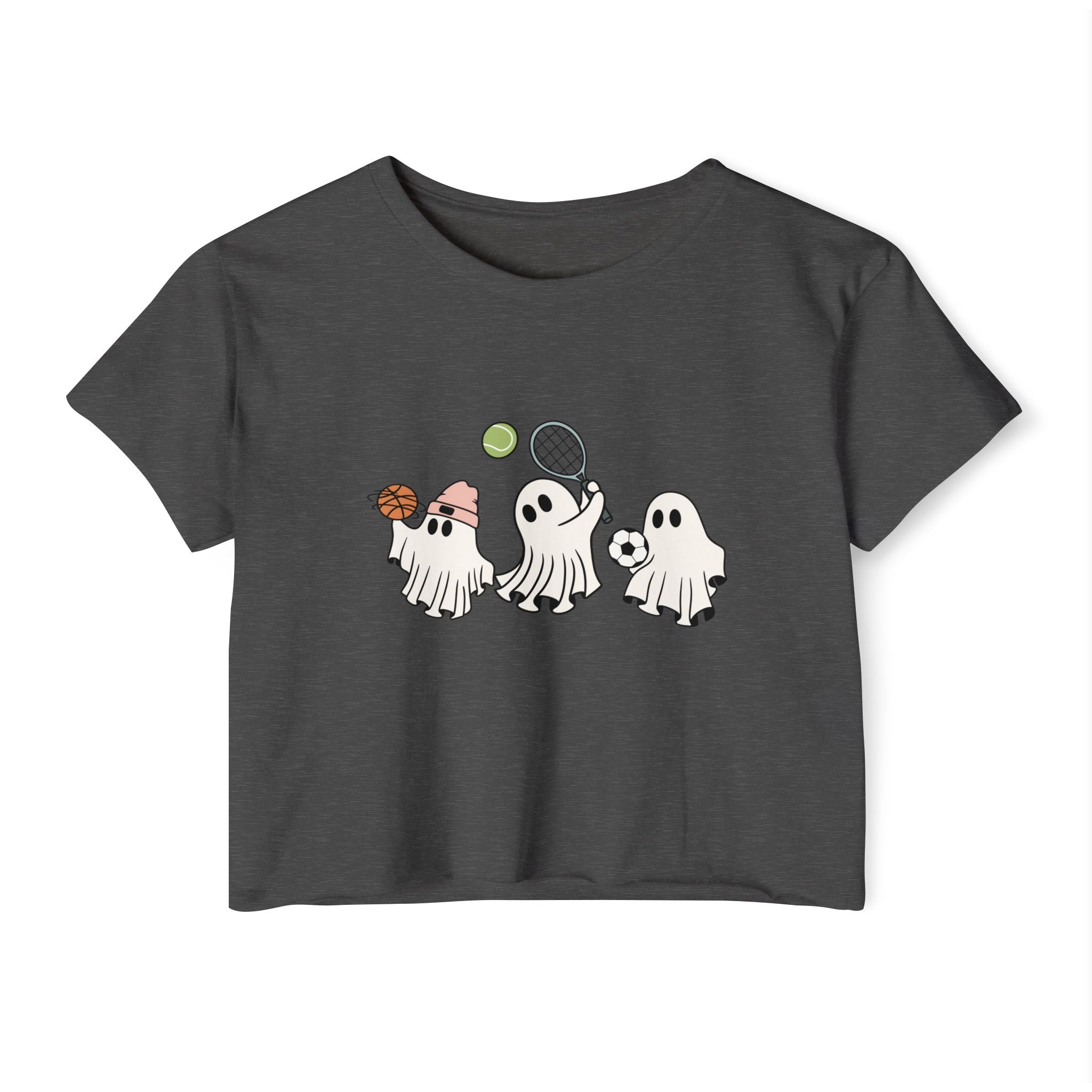Charcoal gray t-shirt with cartoon ghosts playing sports on a white background