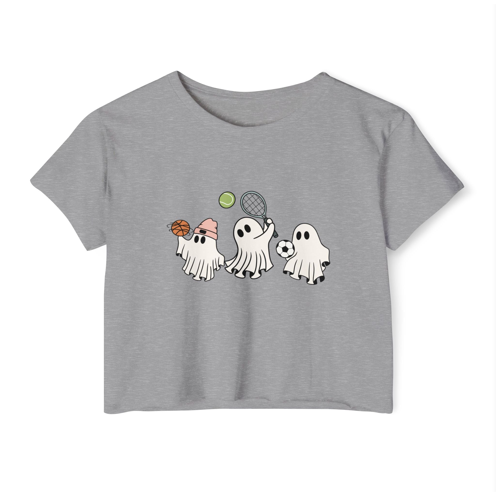 Gray t-shirt with cartoon ghosts playing sports on a white background