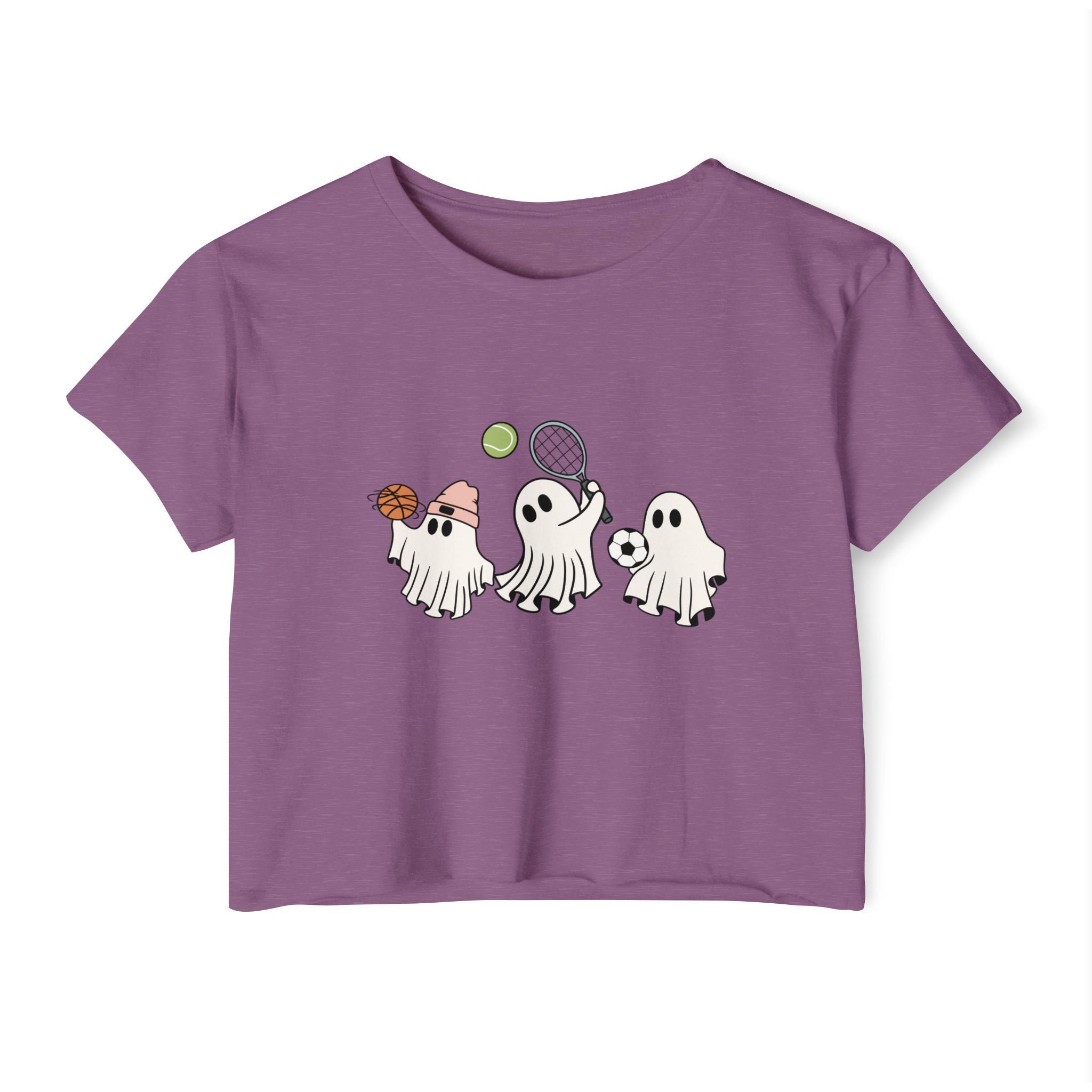 Shiraz purple t-shirt with cartoon ghosts playing sports on a white background