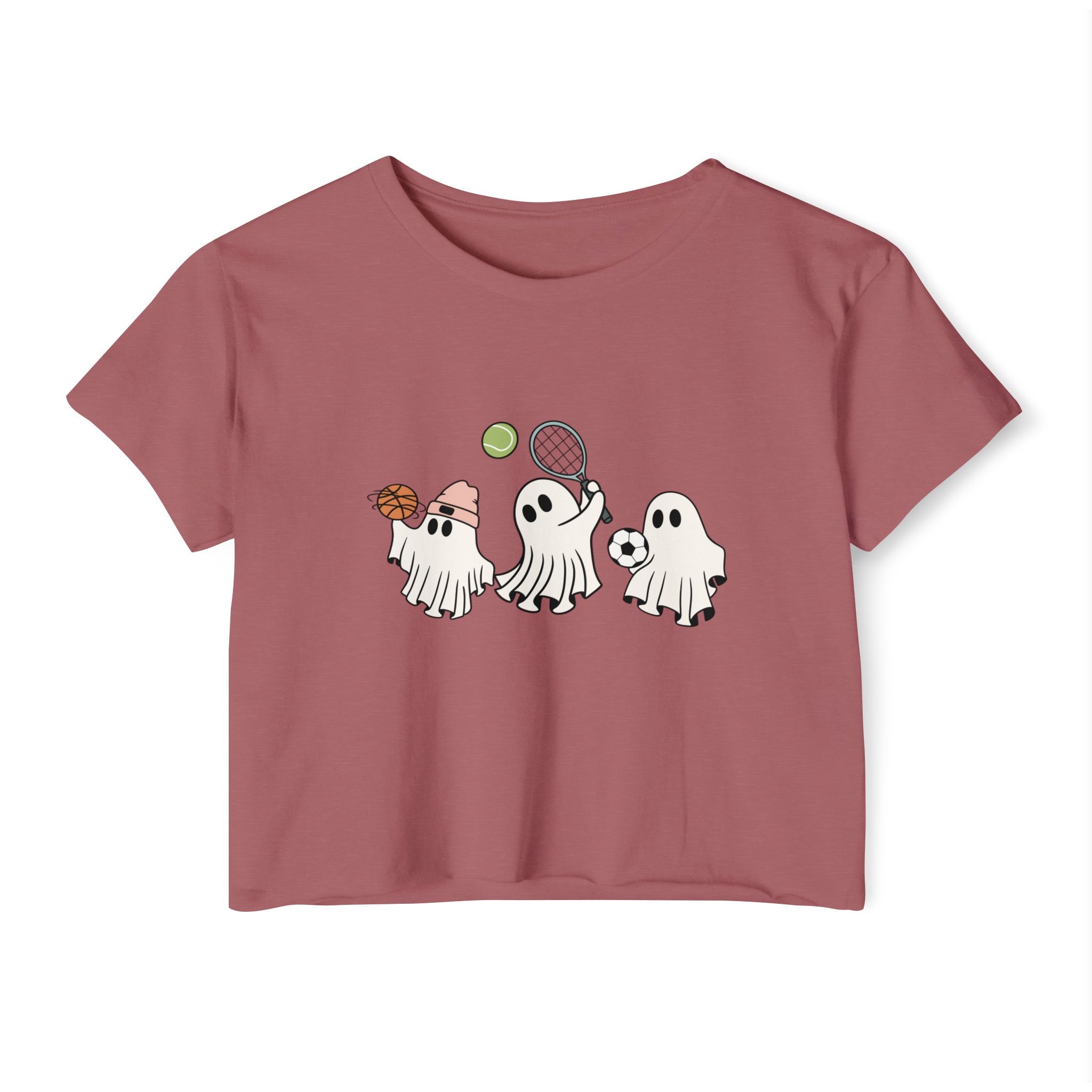 Smoked paprika t-shirt with cartoon ghosts playing sports on a white background