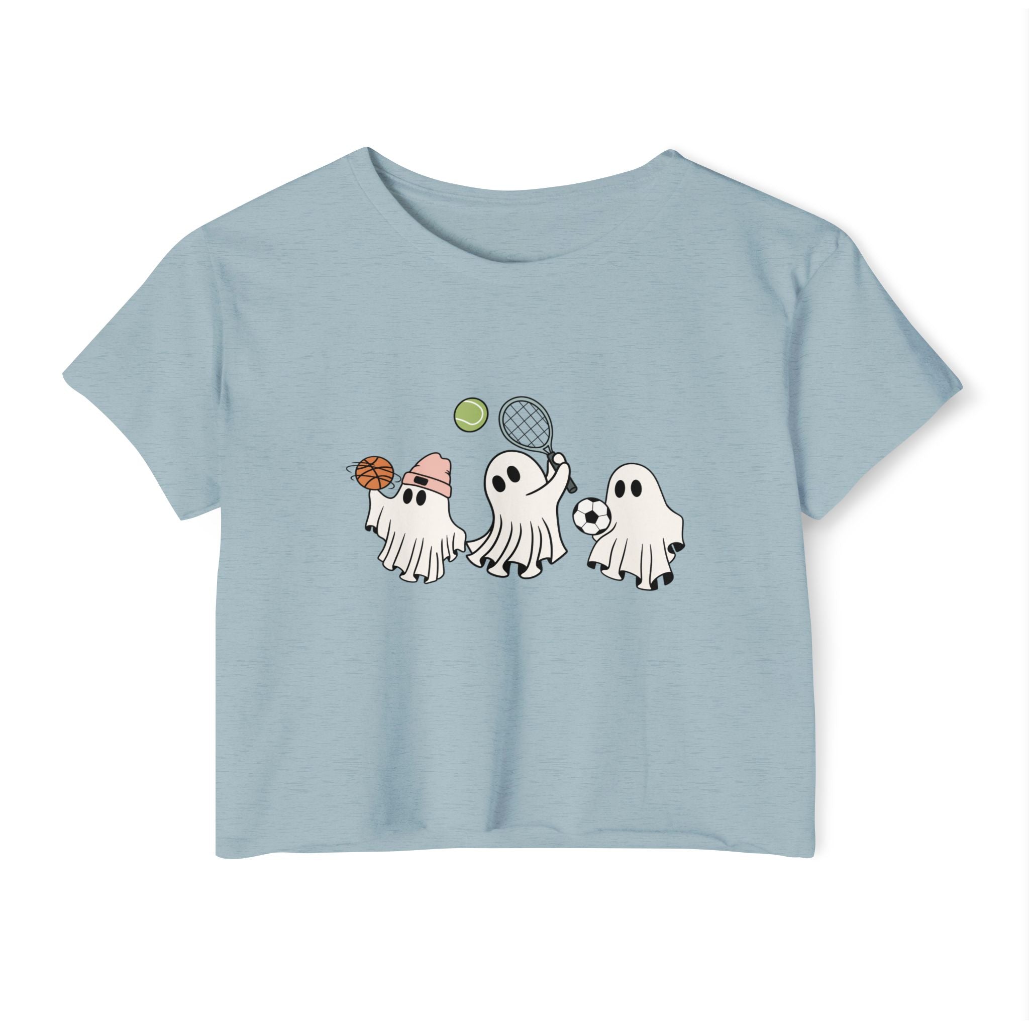Stonewash denim light blue t-shirt with cartoon ghosts playing sports on a white background