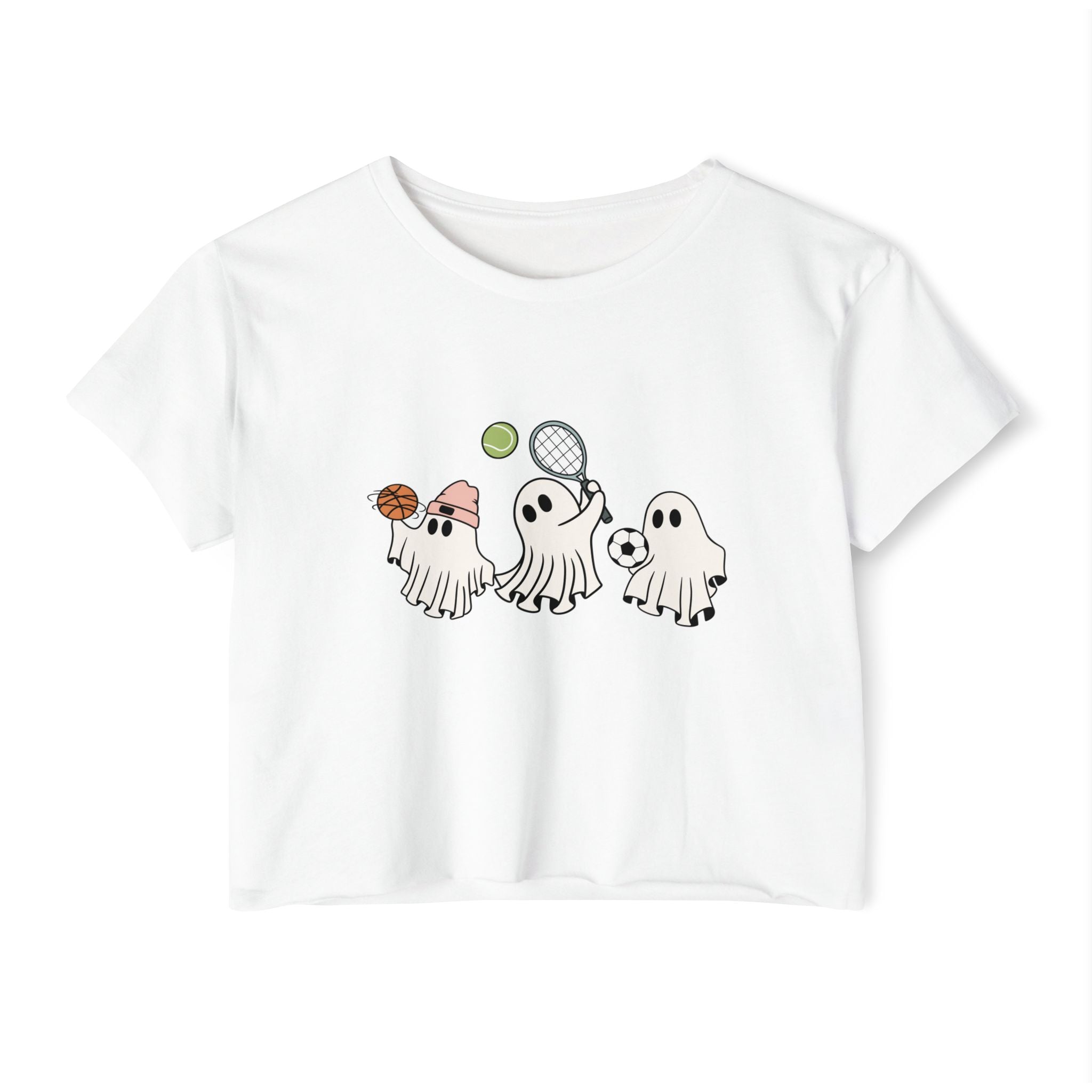 White t-shirt with cartoon ghost design on a white background