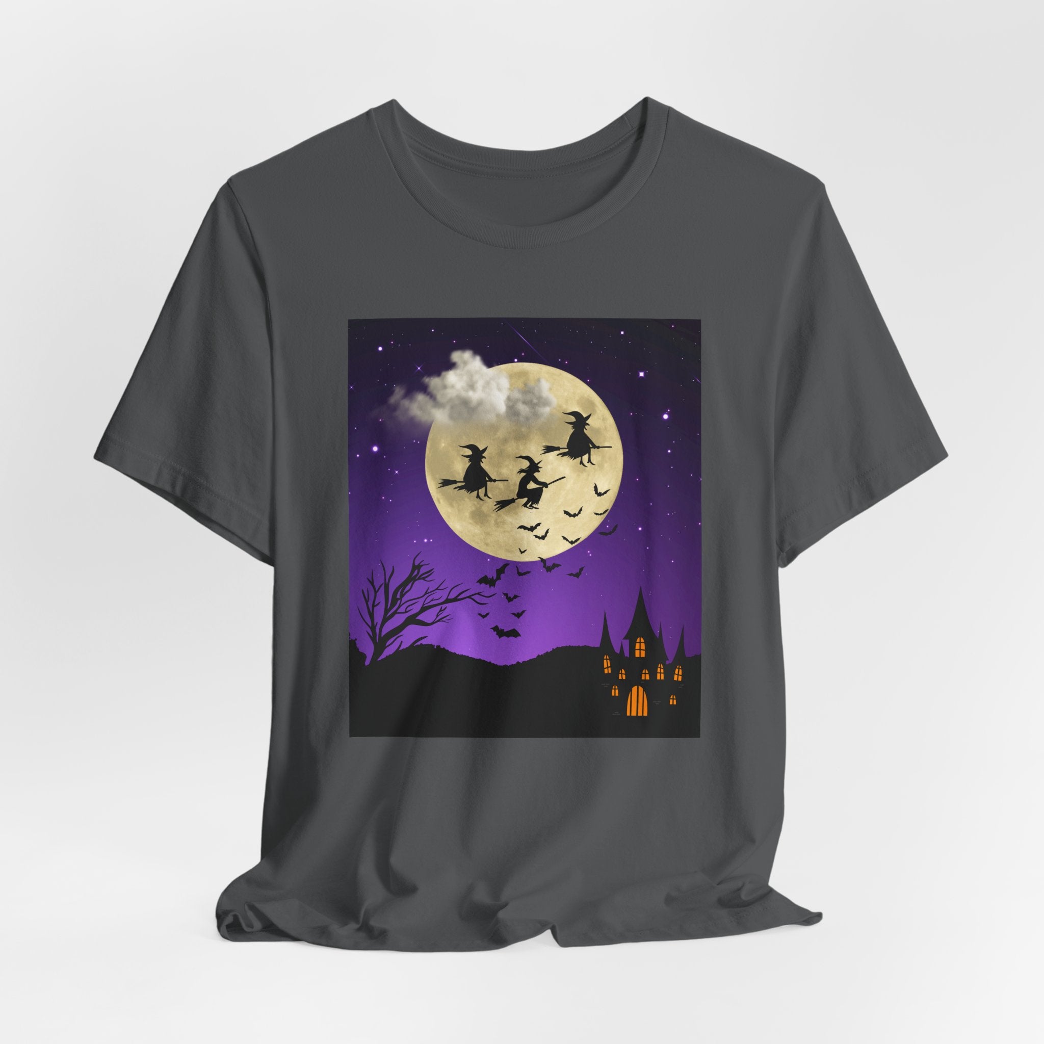 Asphalt gray t-shirt with Halloween-themed graphic on a white background