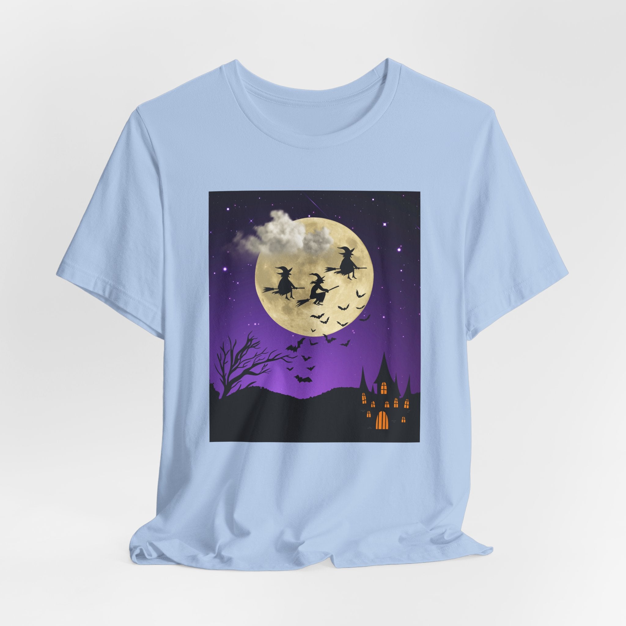 Light blue t-shirt with Halloween-themed graphic on a white background
