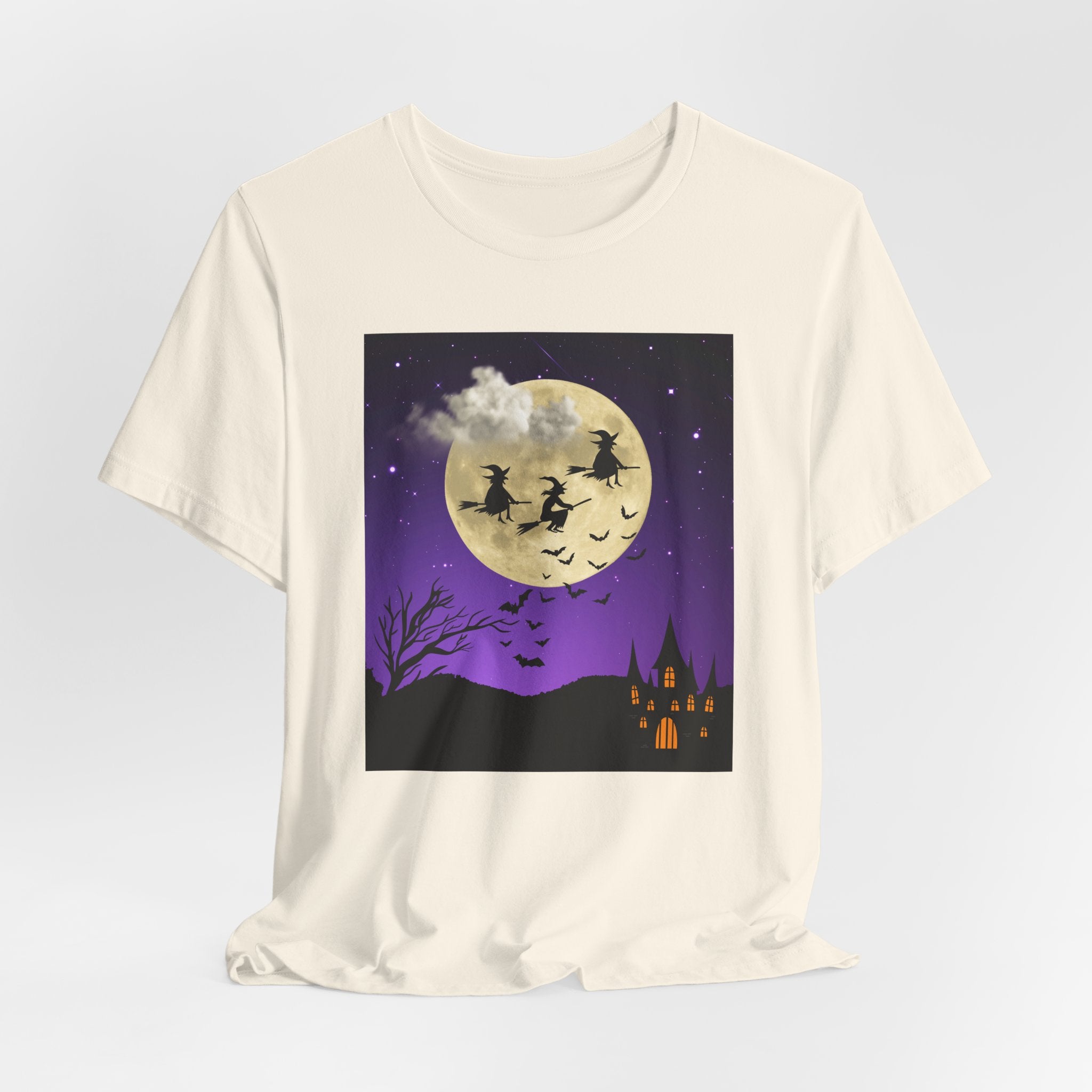 Ivory beige t-shirt with Halloween-themed graphic on a light gray background