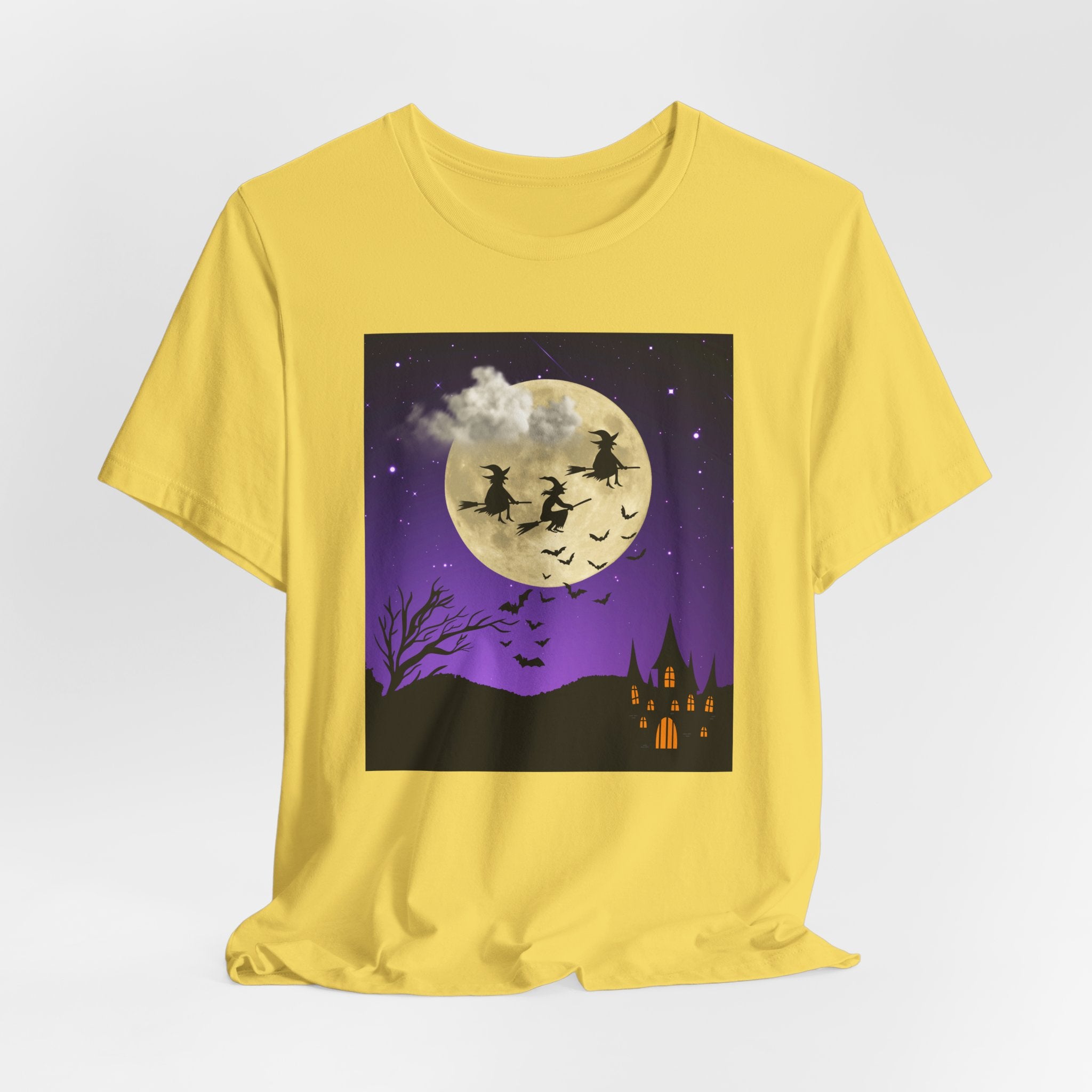 Yellow t-shirt with Halloween-themed graphic on a white background