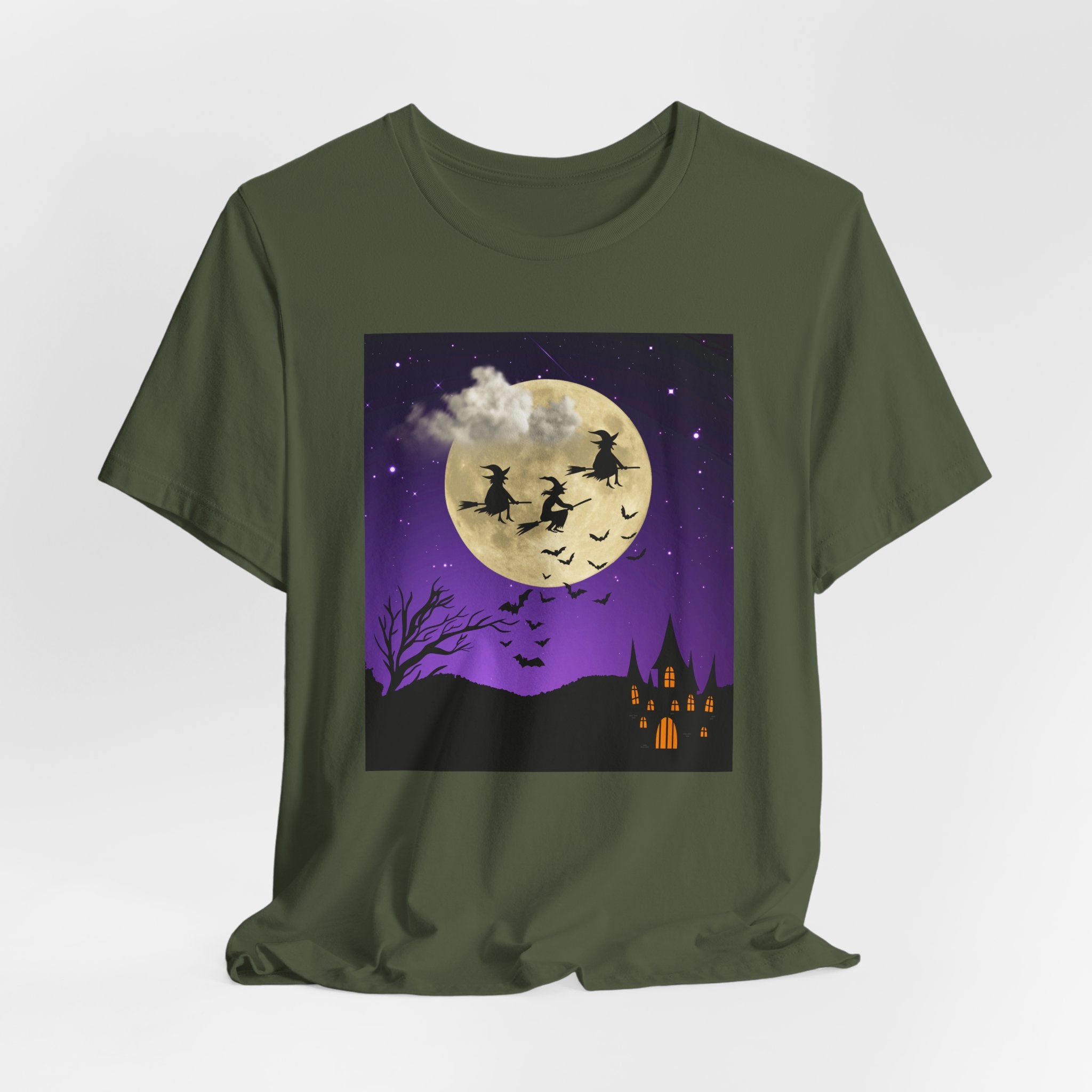 Military green t-shirt with Halloween-themed graphic on a white background