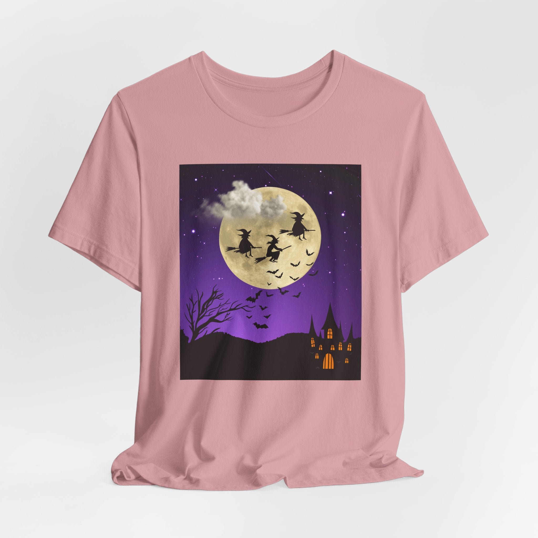 Orchid pink t-shirt with Halloween-themed graphic on a white background
