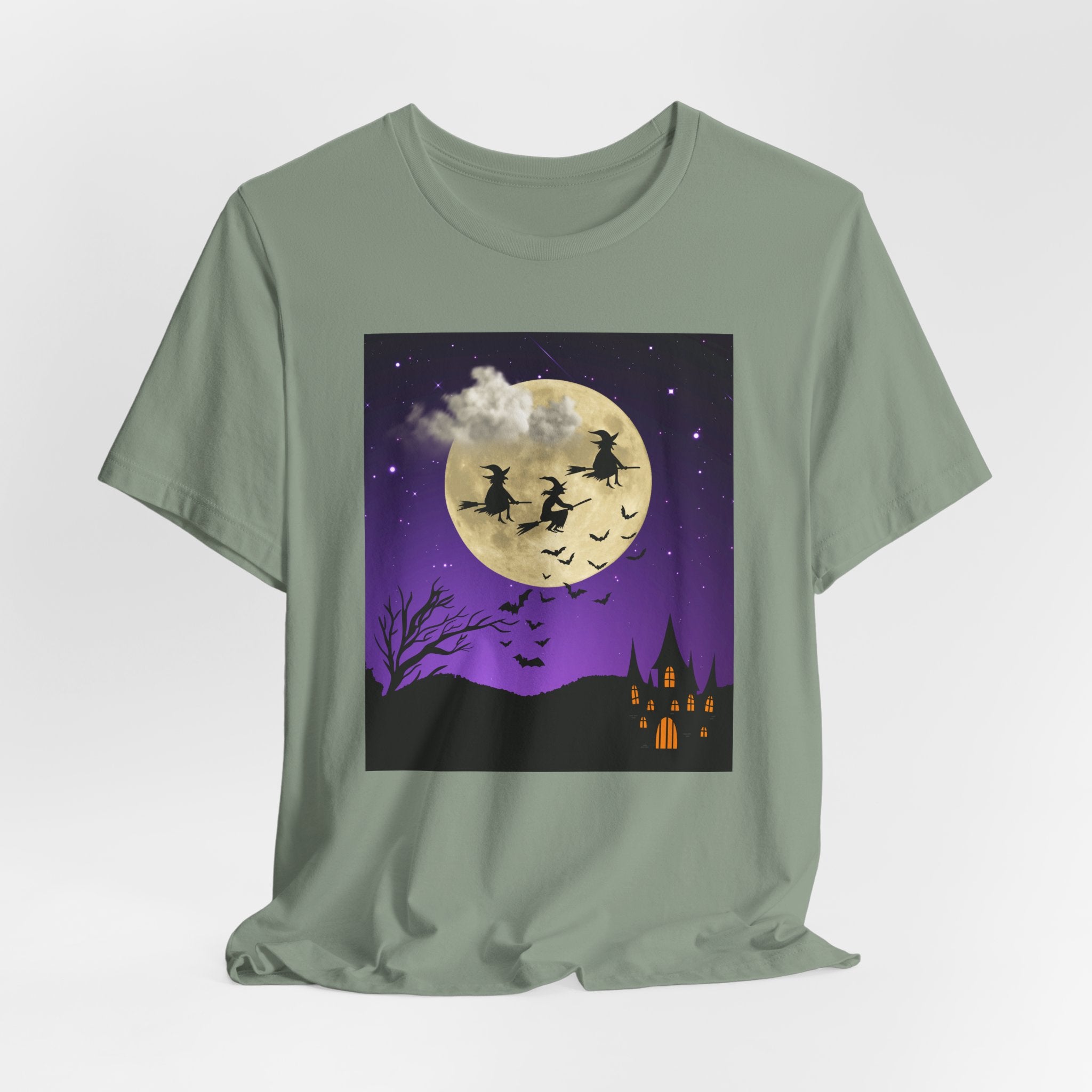 Sage green t-shirt with Halloween-themed graphic on a white background