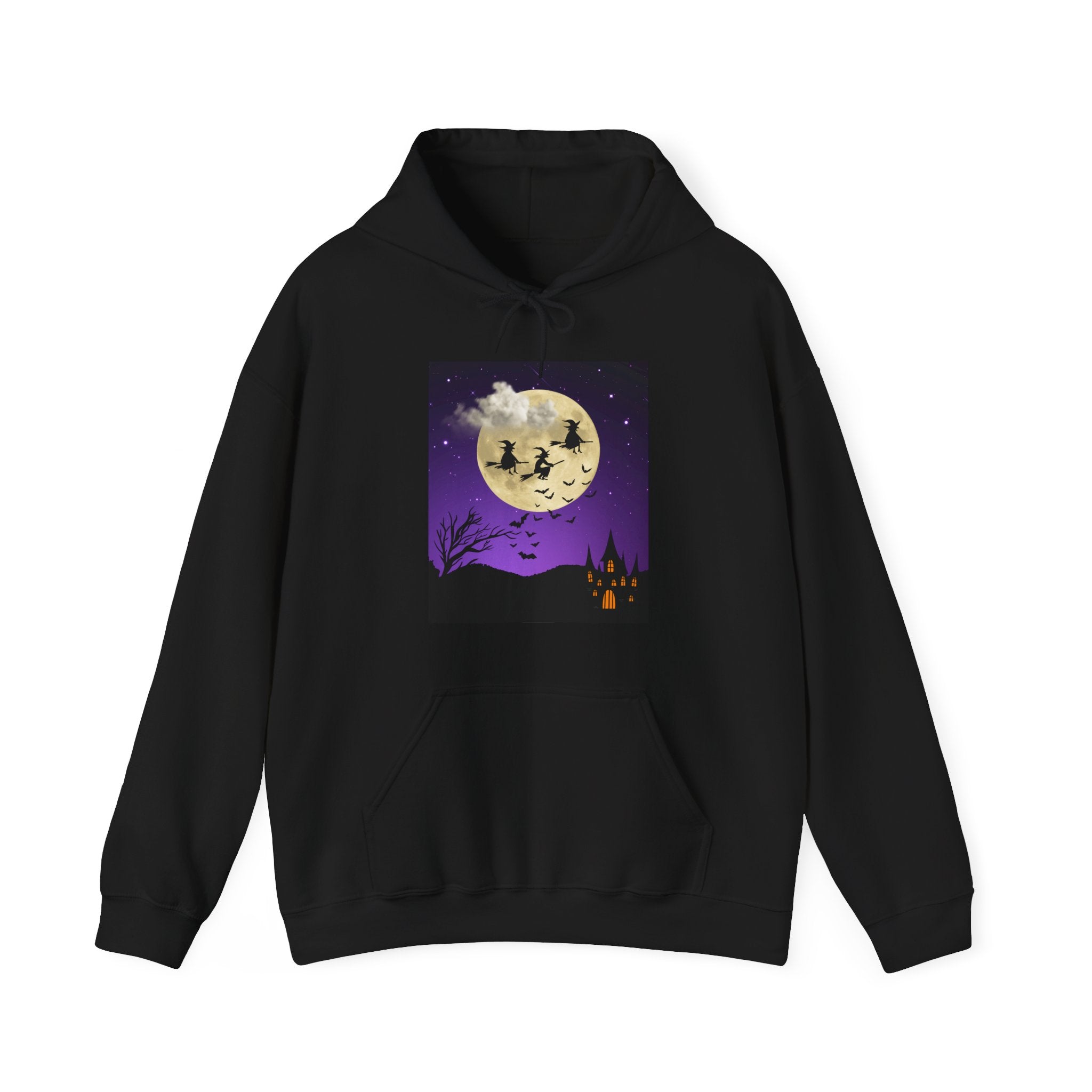 Black hoodie with Halloween-themed graphic on a white background