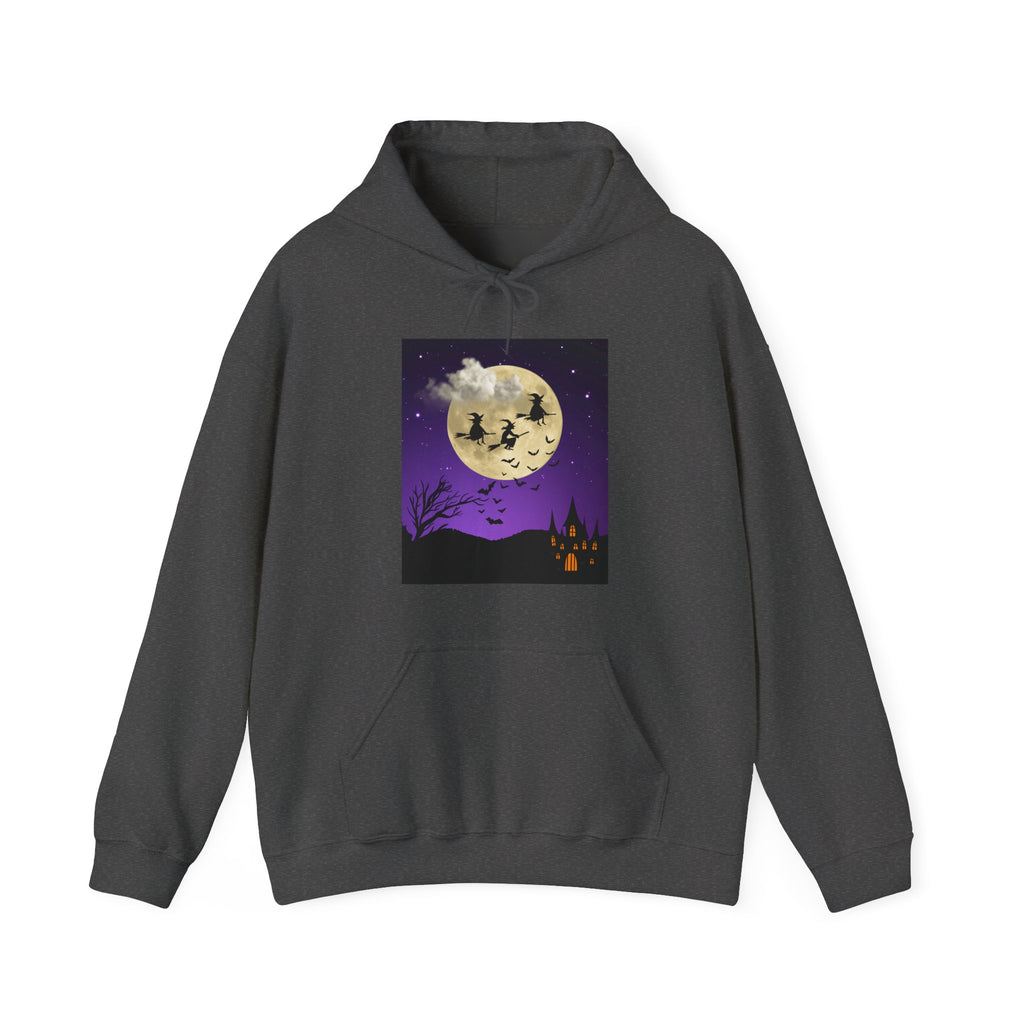Dark gray hoodie with Halloween-themed graphic on a white background
