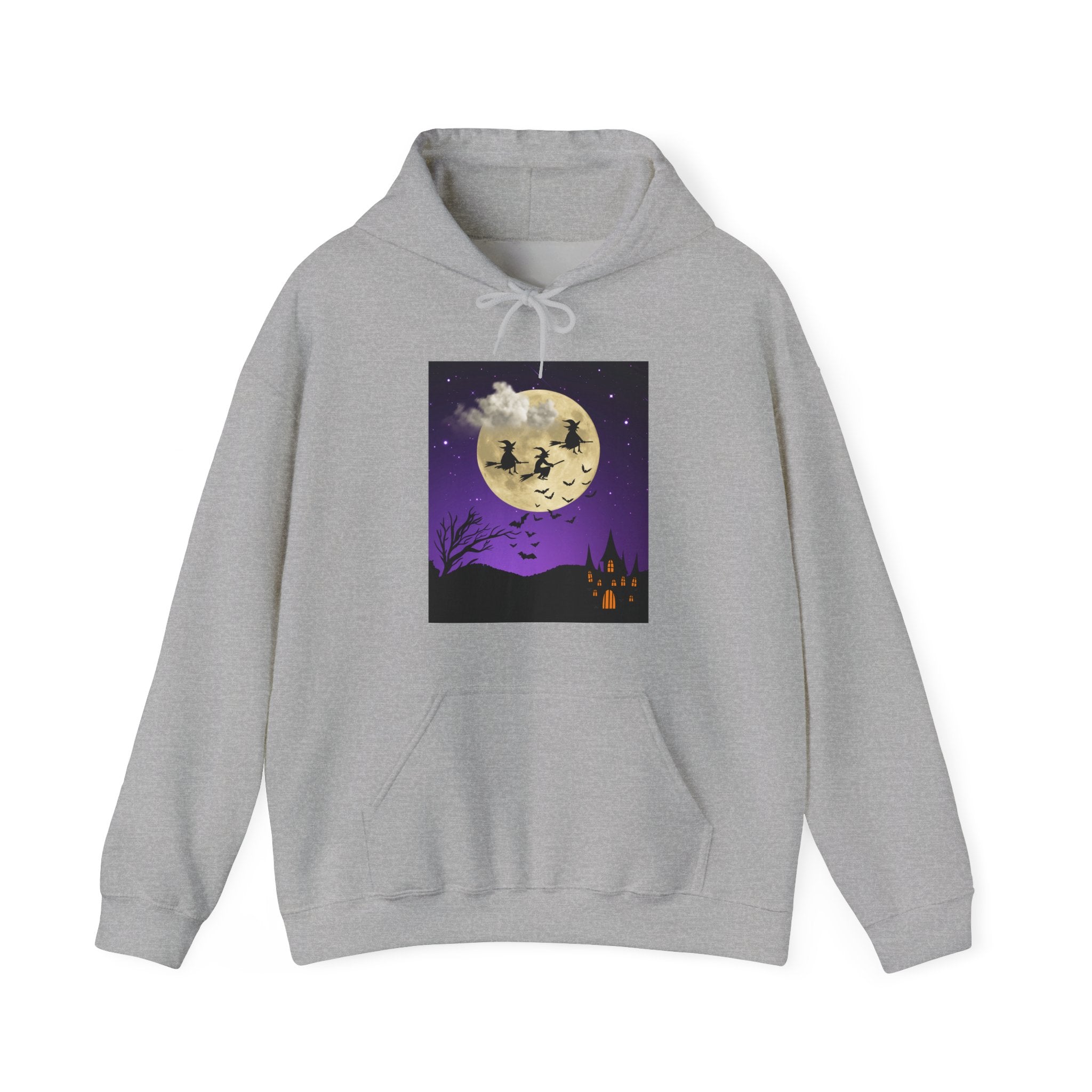 Gray hoodie with Halloween-themed graphic on a white background