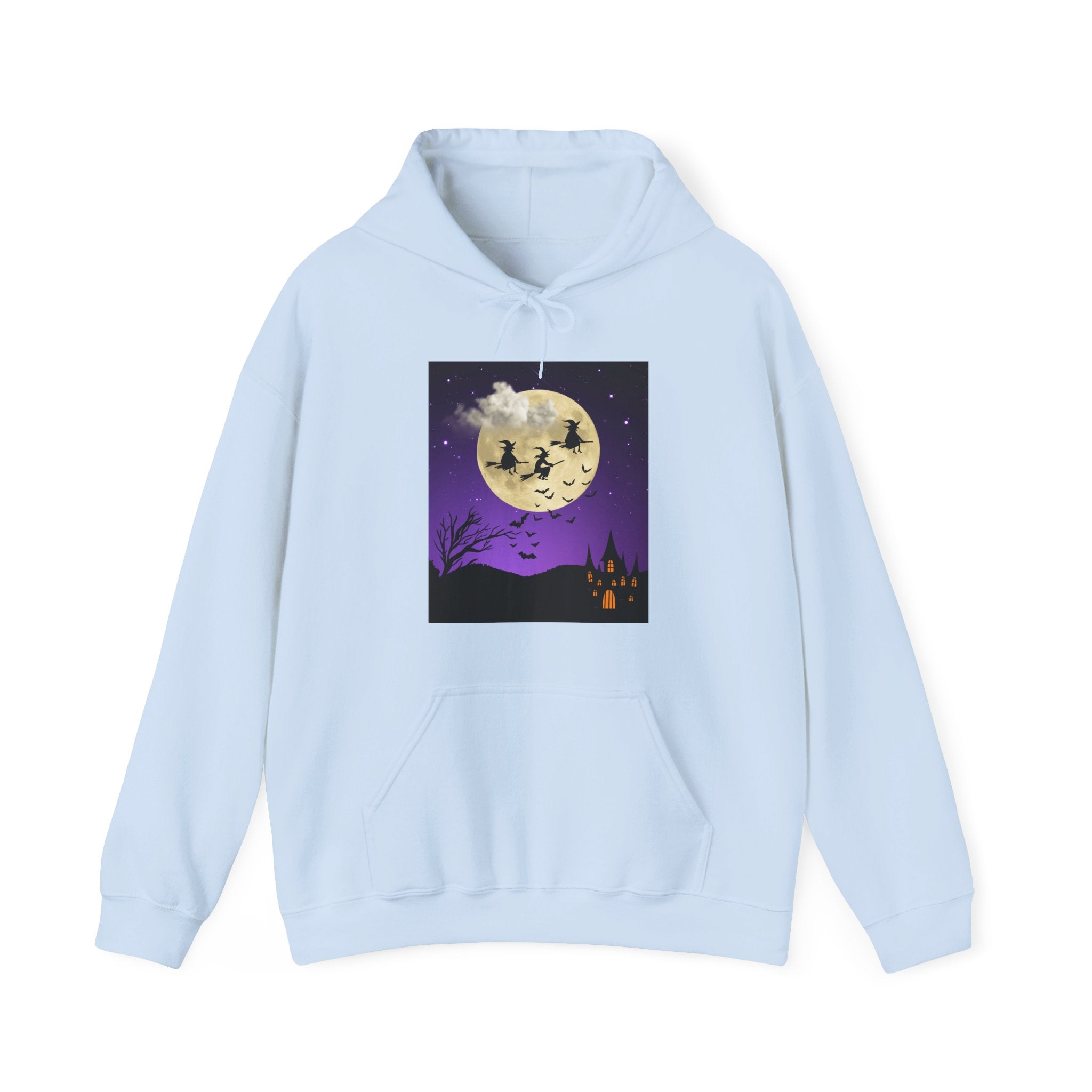 Light blue hoodie with Halloween-themed graphic on a white background