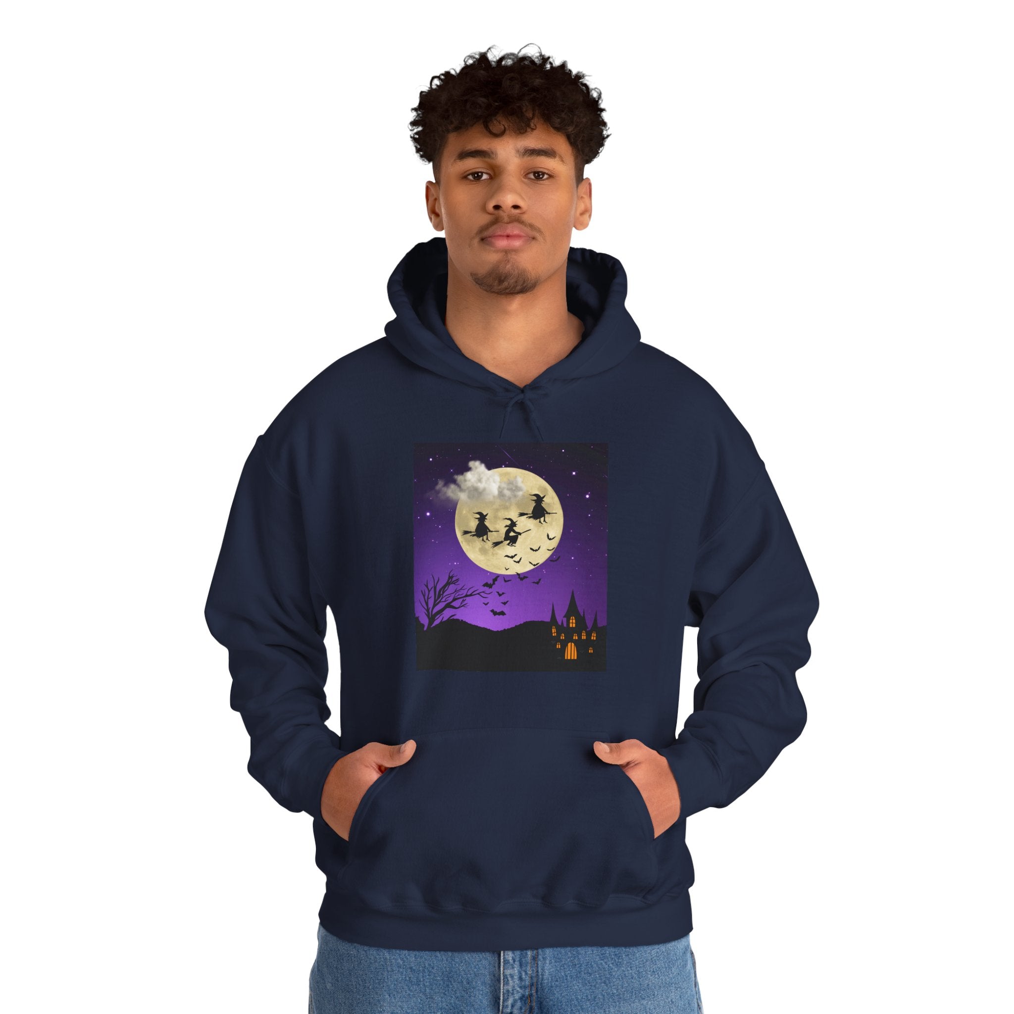 Person wearing a navy hoodie with a Halloween-themed design on a white background