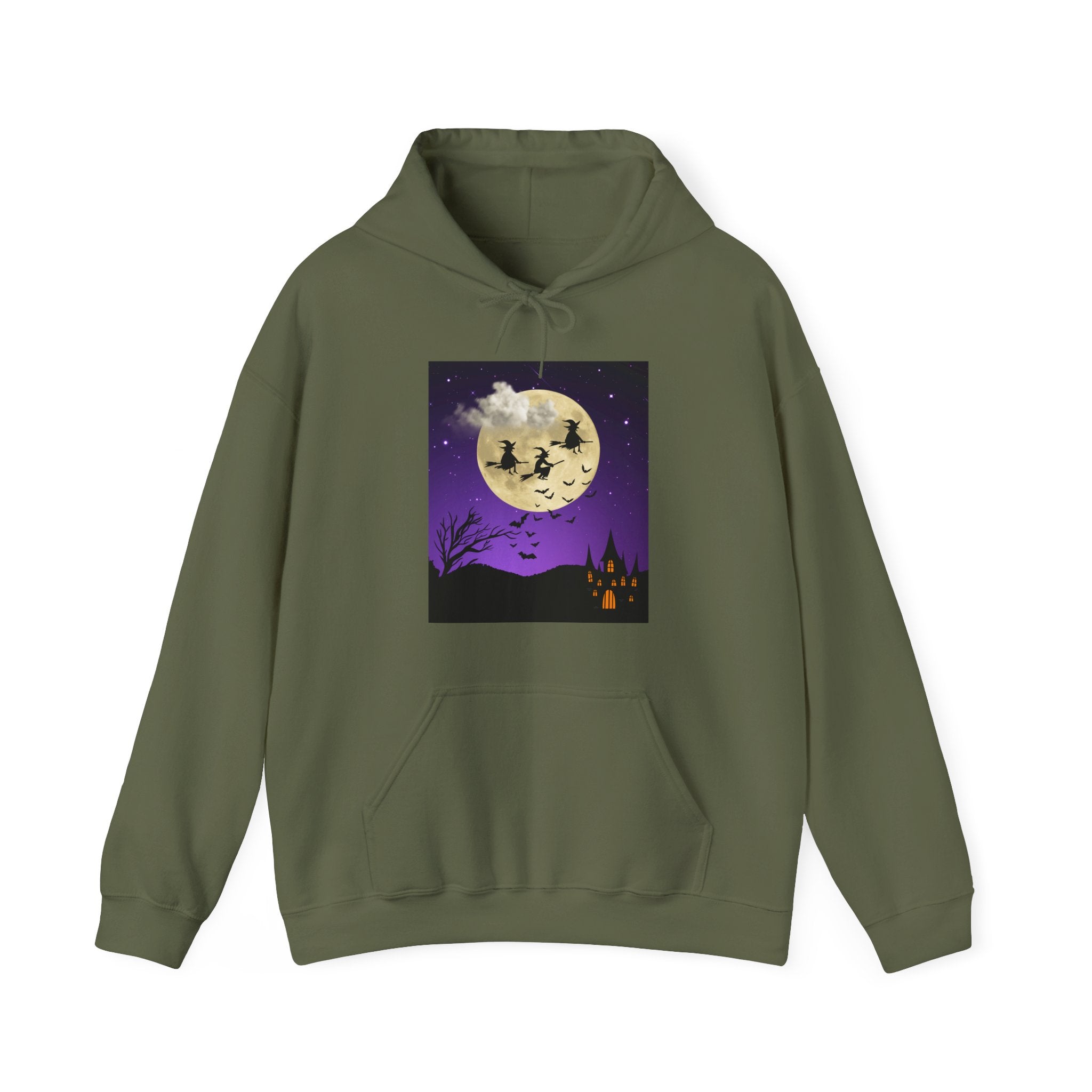 Military green hoodie with Halloween-themed graphic on a white background