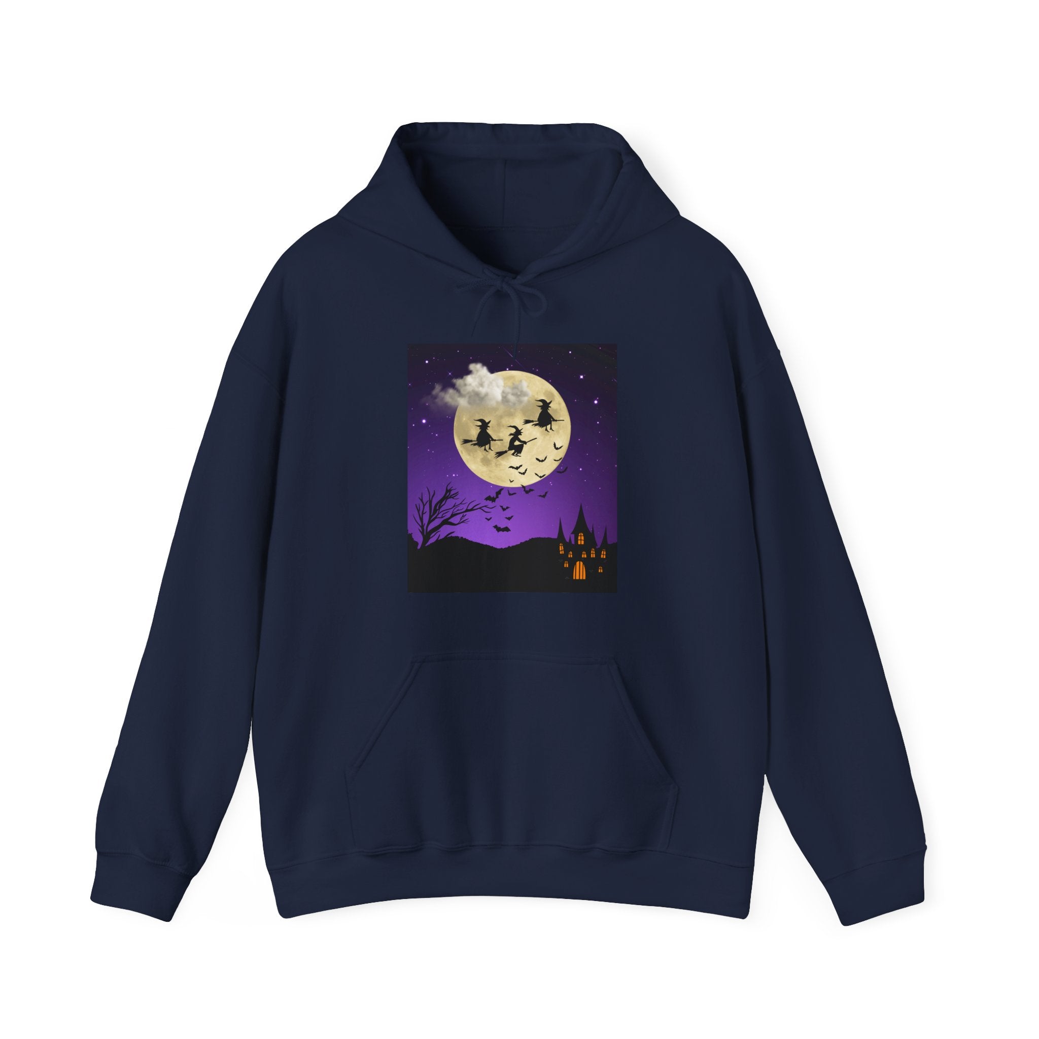 Navy blue hoodie with Halloween-themed graphic on a white background