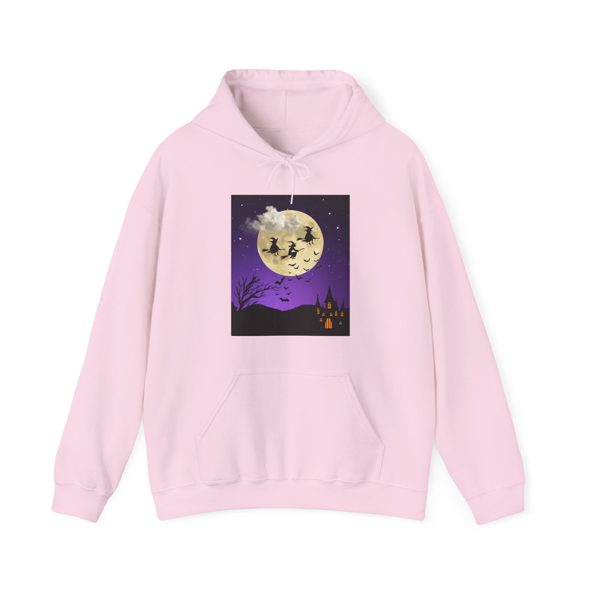 Pink hoodie with Halloween-themed graphic on a white background