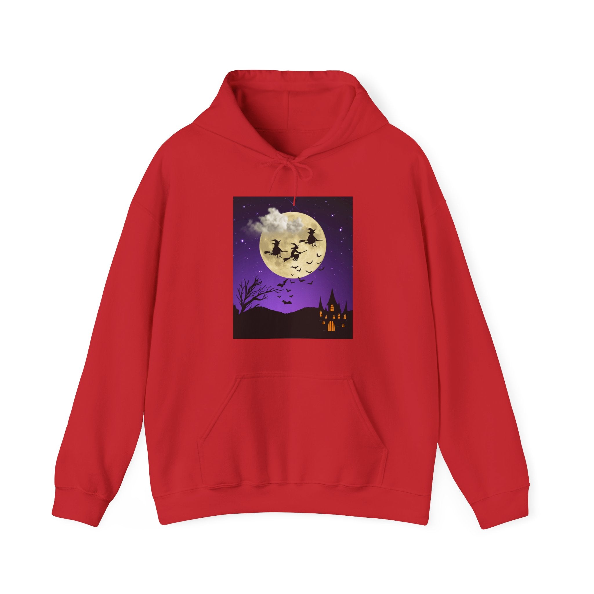 Red hoodie with a Halloween-themed graphic on a white background