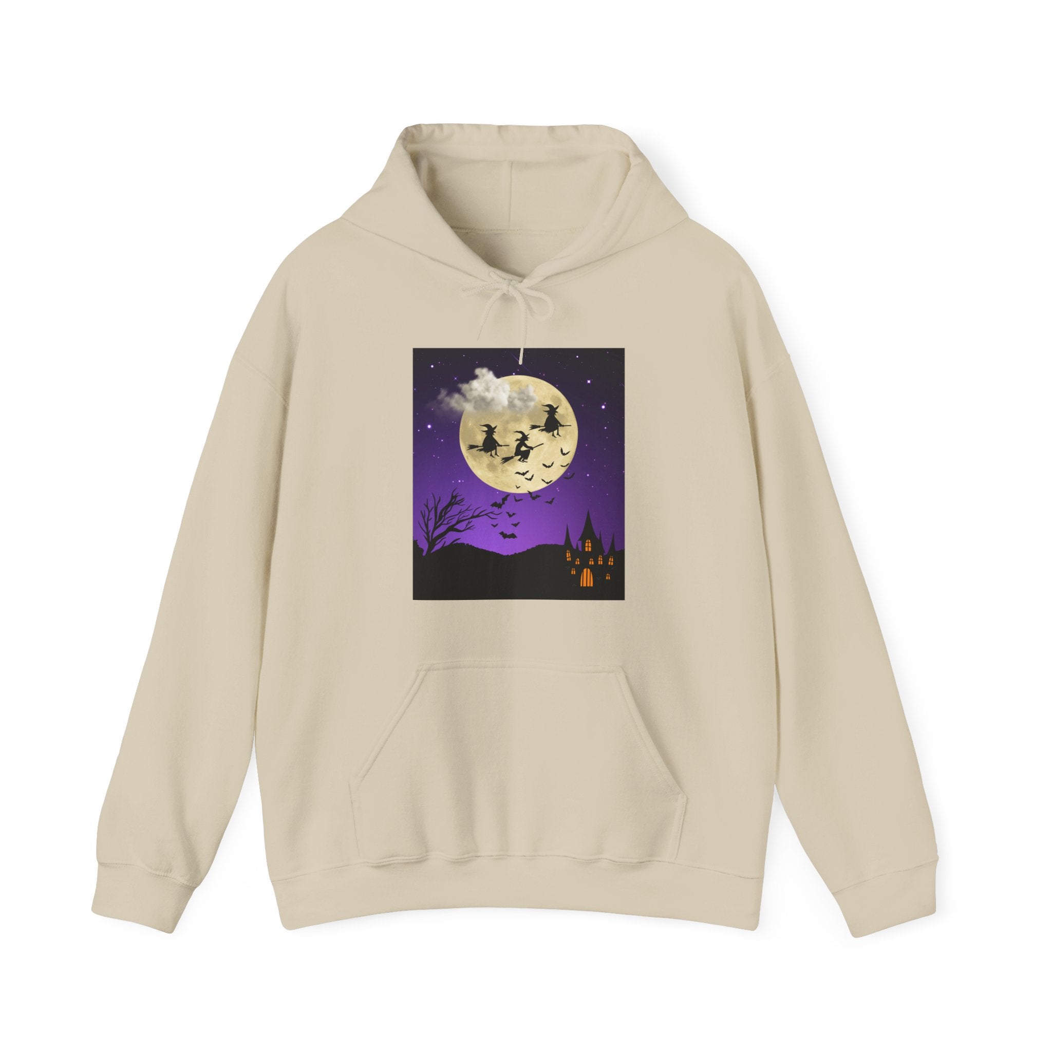 Beige hoodie with Halloween-themed graphic on a white background