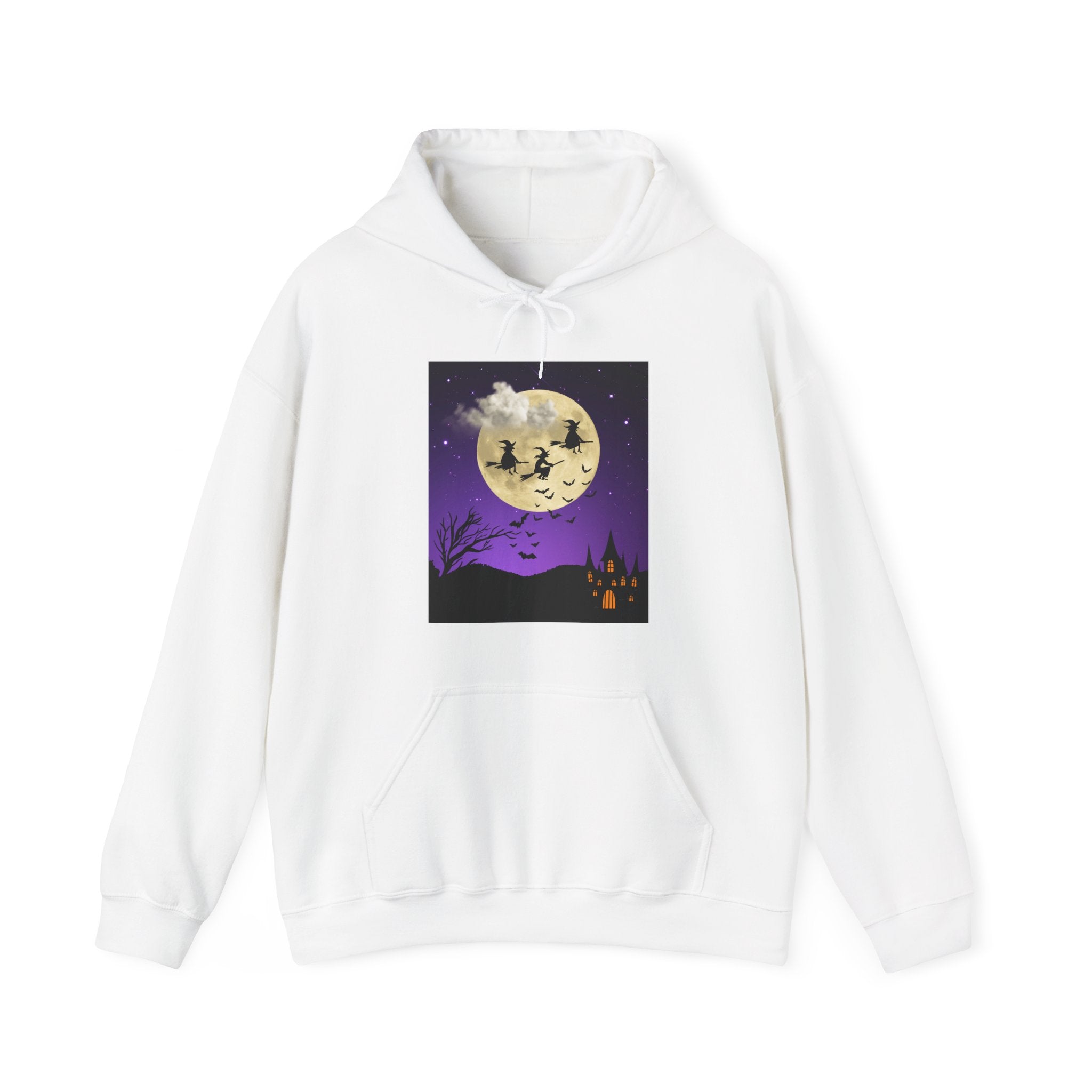 White hoodie with a Halloween-themed graphic on a white background