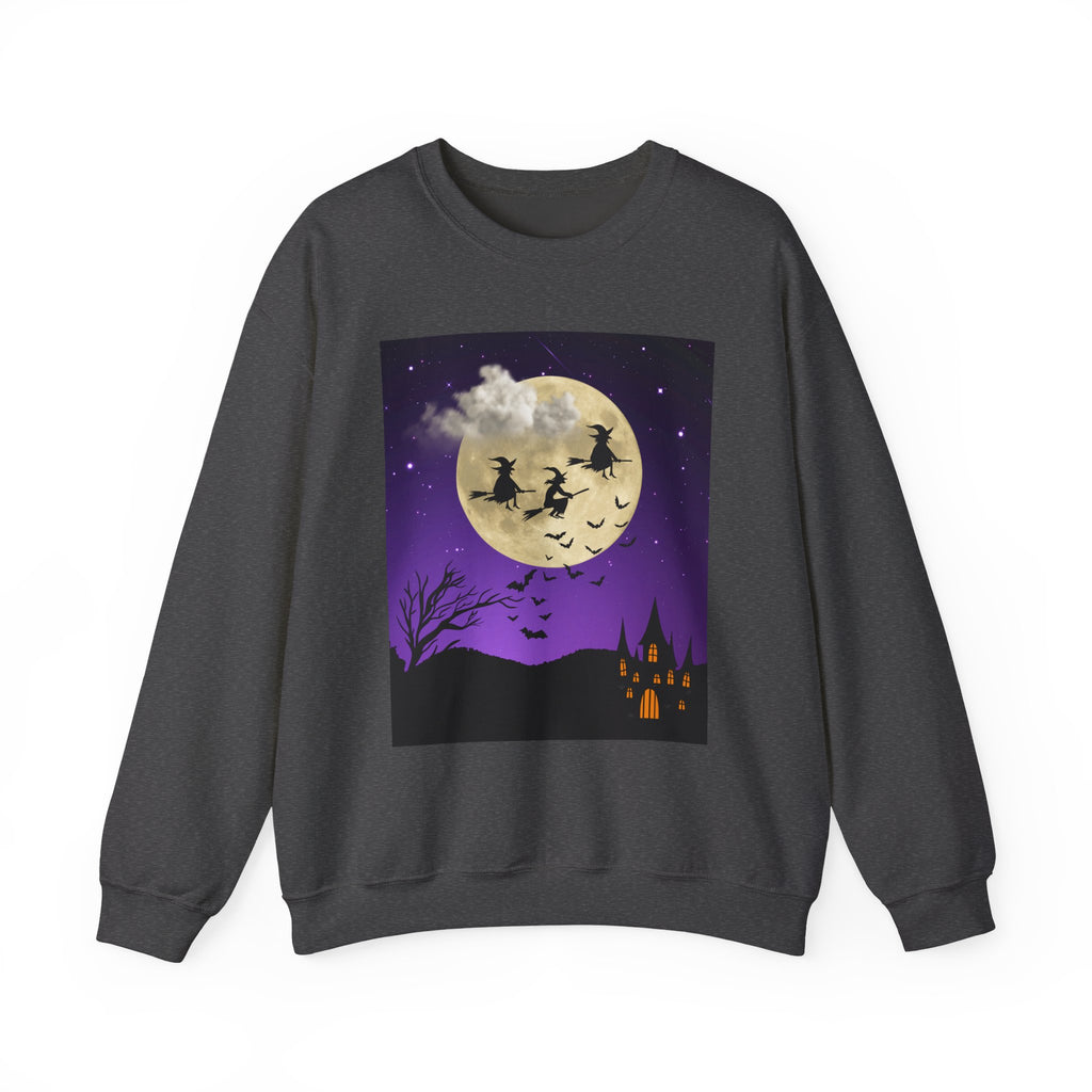 Dark heather gray sweatshirt with Halloween-themed graphic on a white background