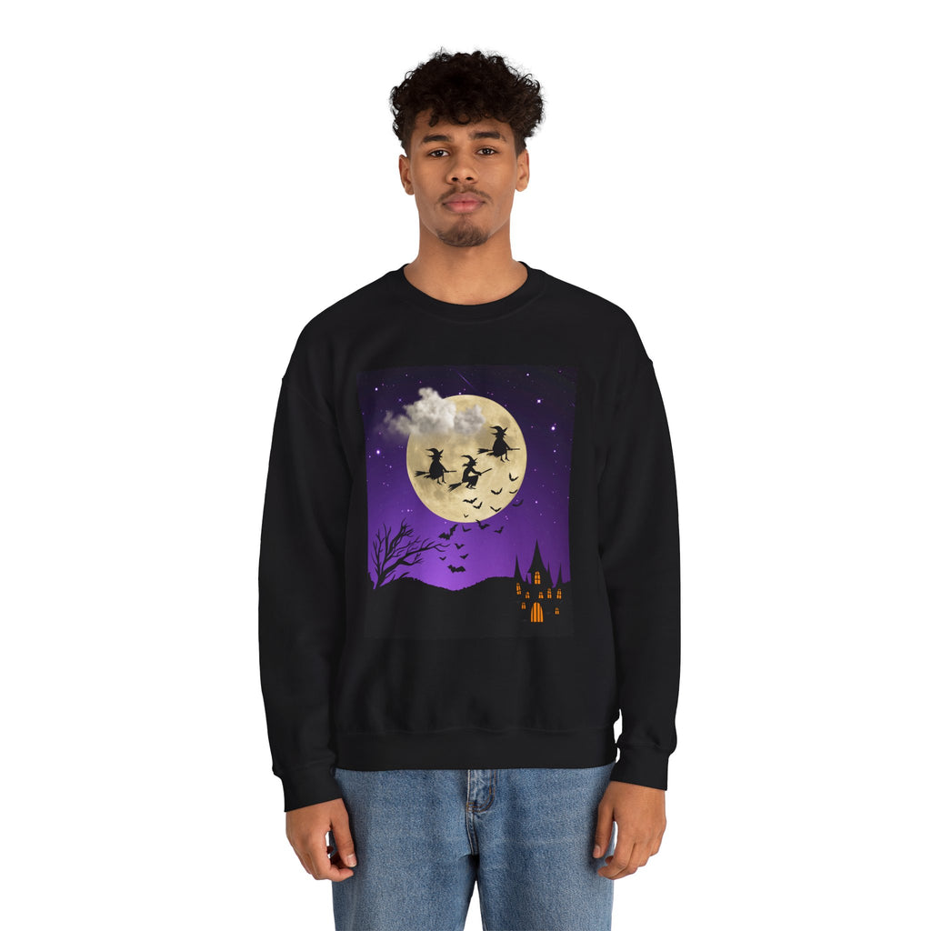 Person wearing a black sweatshirt with a Halloween-themed design on a white background