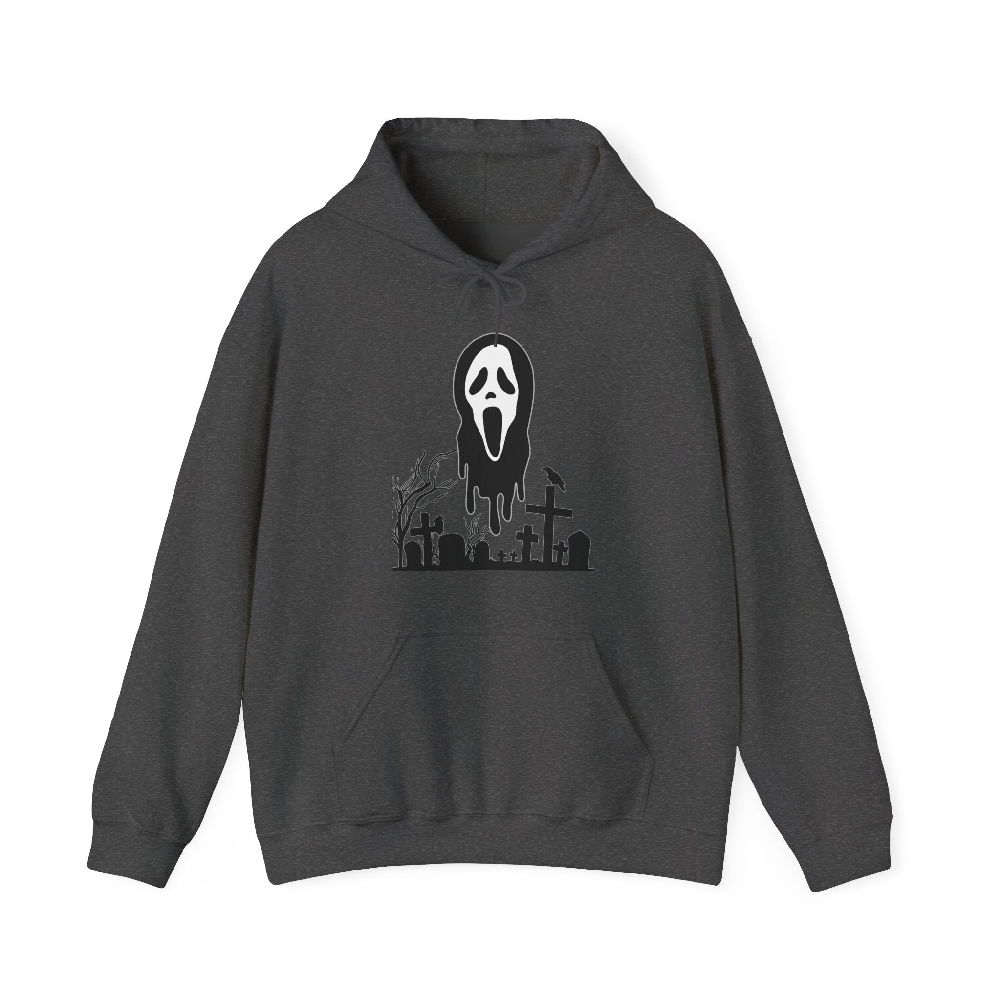 Dark gray hoodie with a graphic design on a white background