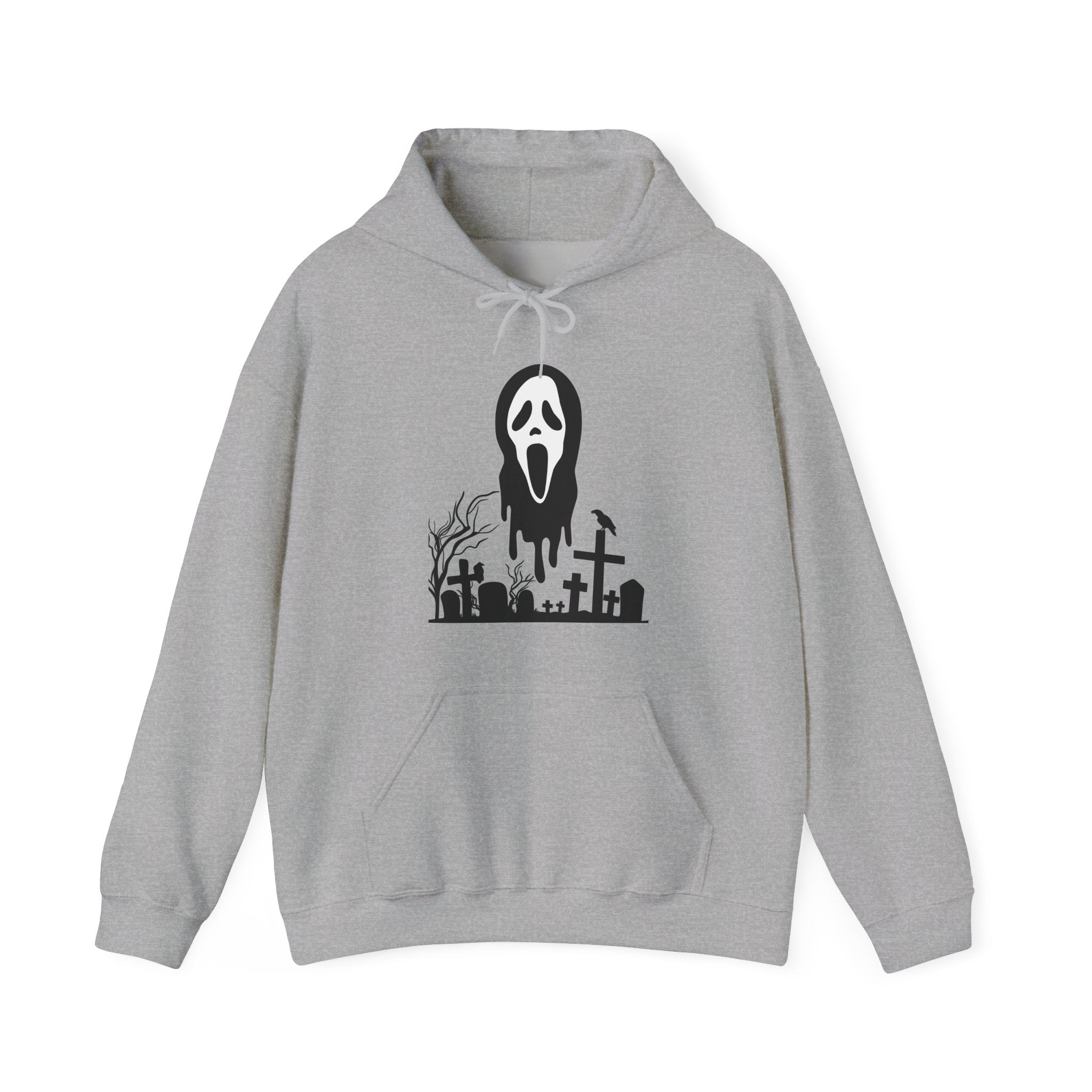 Gray hoodie with a graphic design of a ghost face and tombstones on a white background