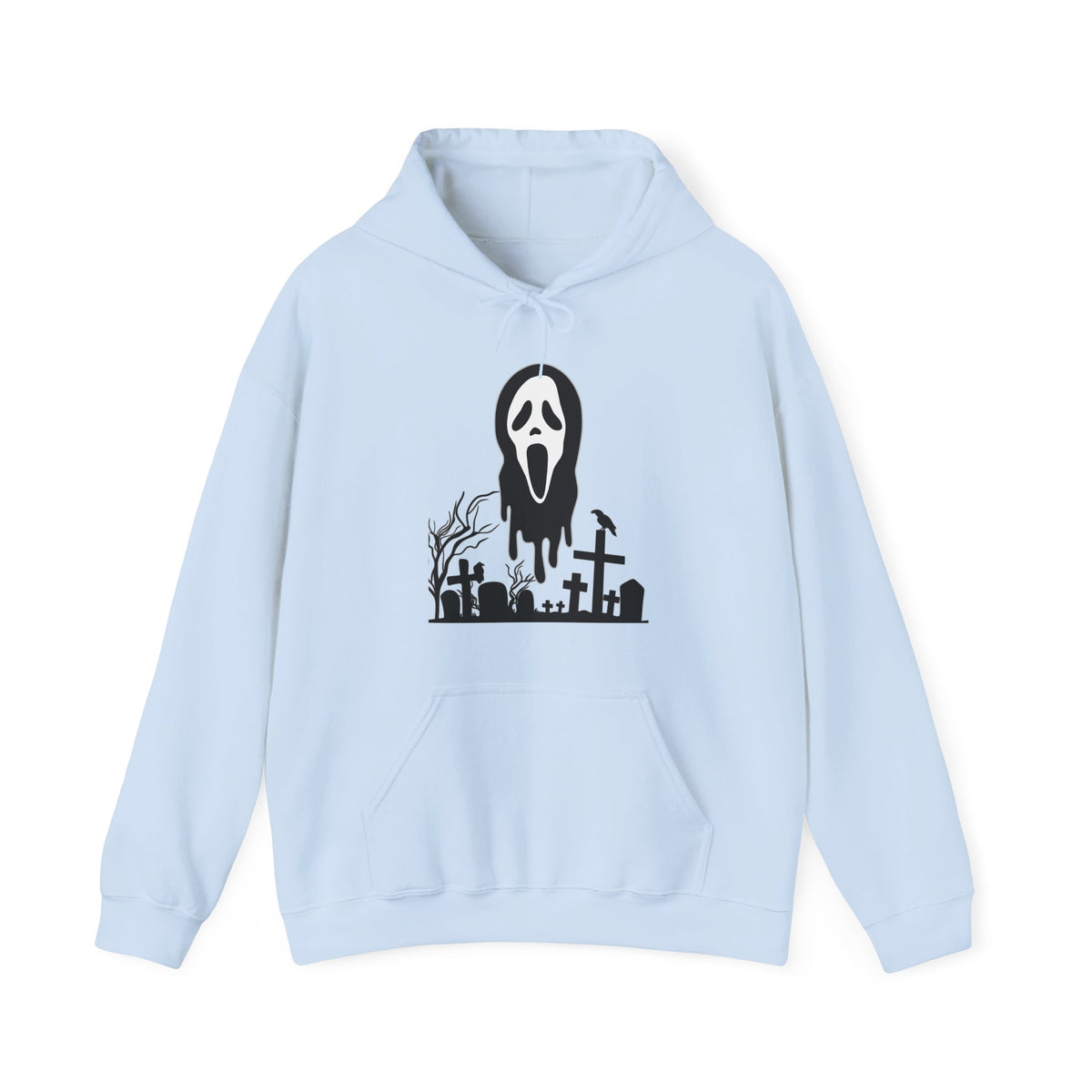 Light blue hoodie with a black graphic design on a white background