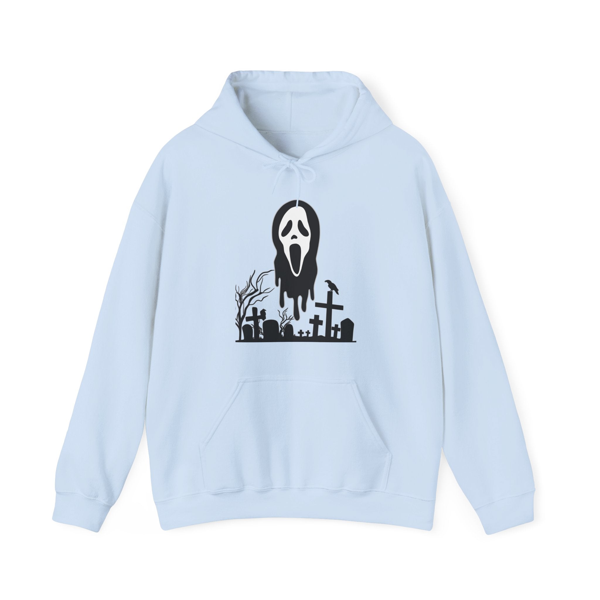 Light blue hoodie with a black graphic design on a white background