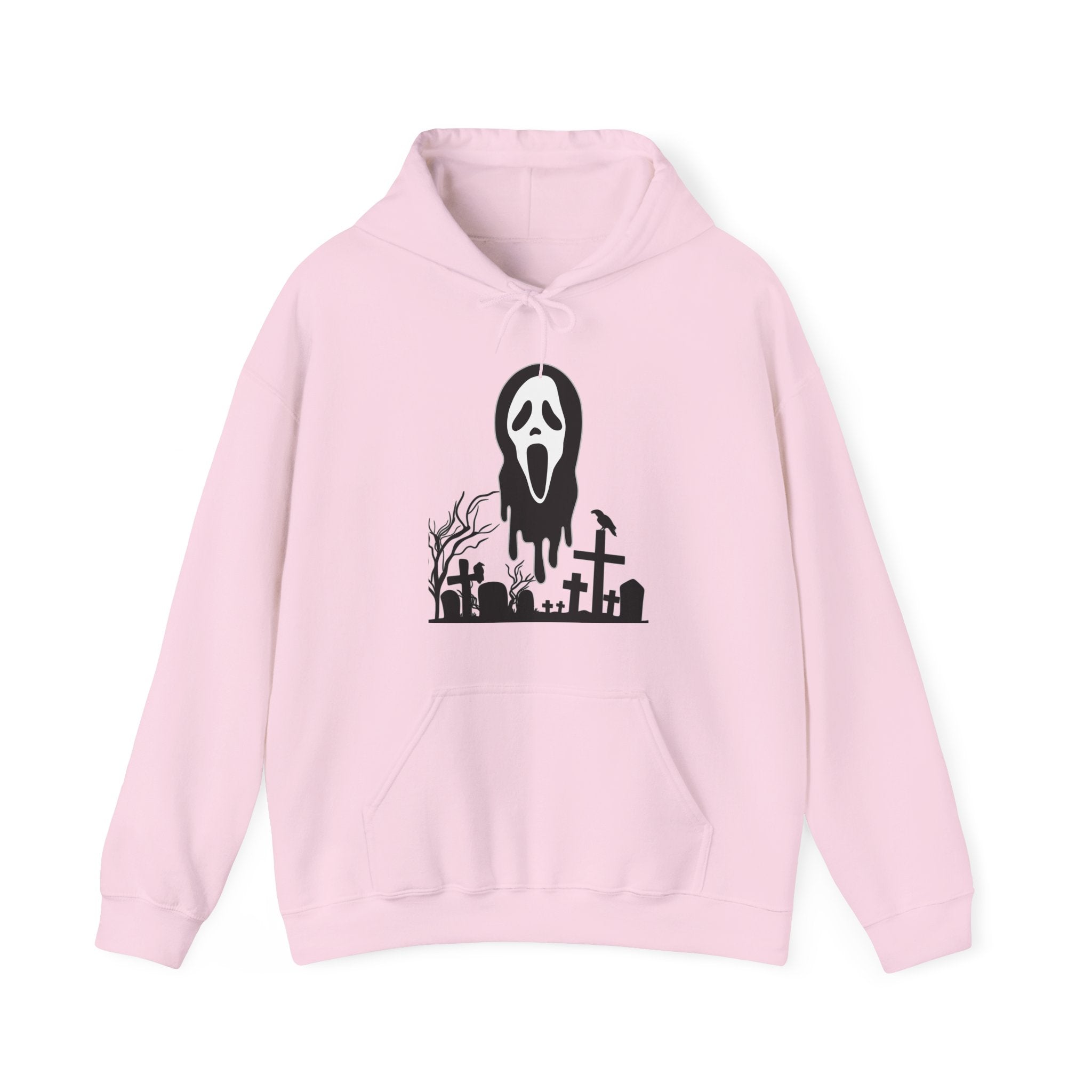 Pink hoodie with a black graphic design on a white background