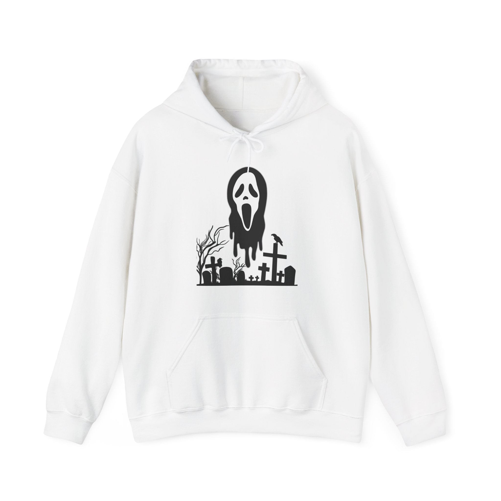 White hoodie with a black graphic design on a white background