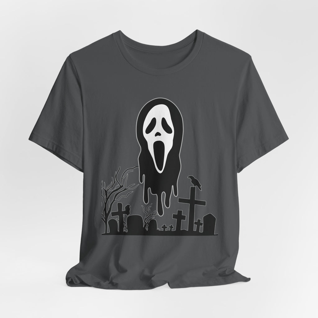 Asphalt gray t-shirt with a Halloween-themed design featuring a ghost face and graveyard on a white background