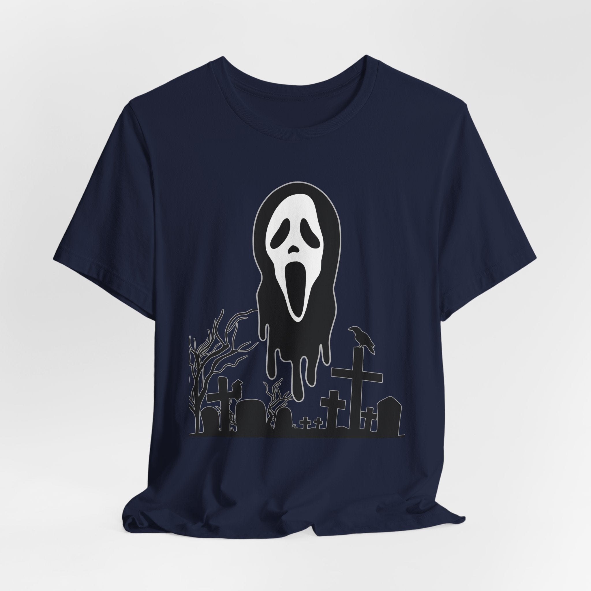 Navy blue t-shirt with a ghost face design on a white background