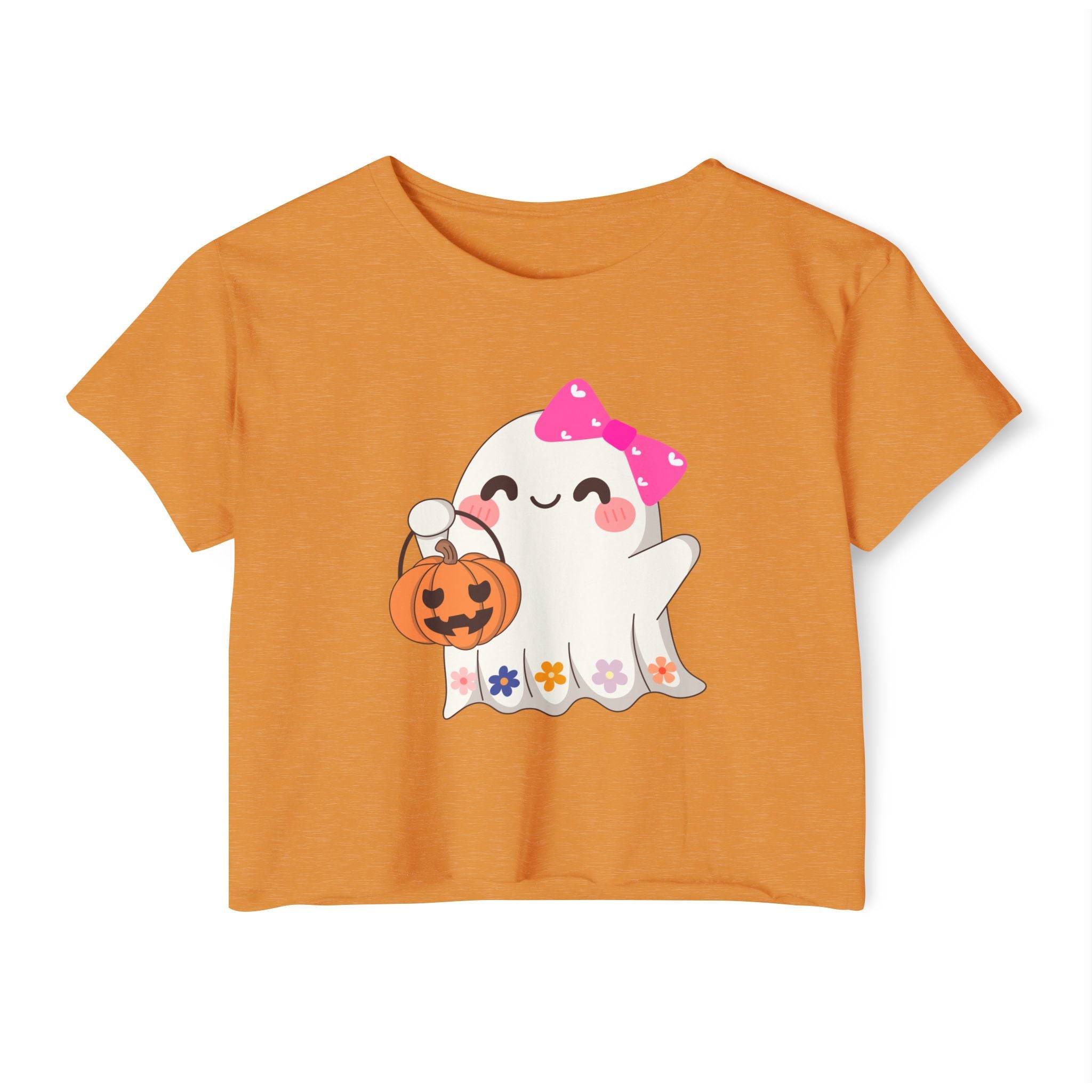 Antique gold orange t-shirt with a cute ghost design holding a pumpkin on a white background