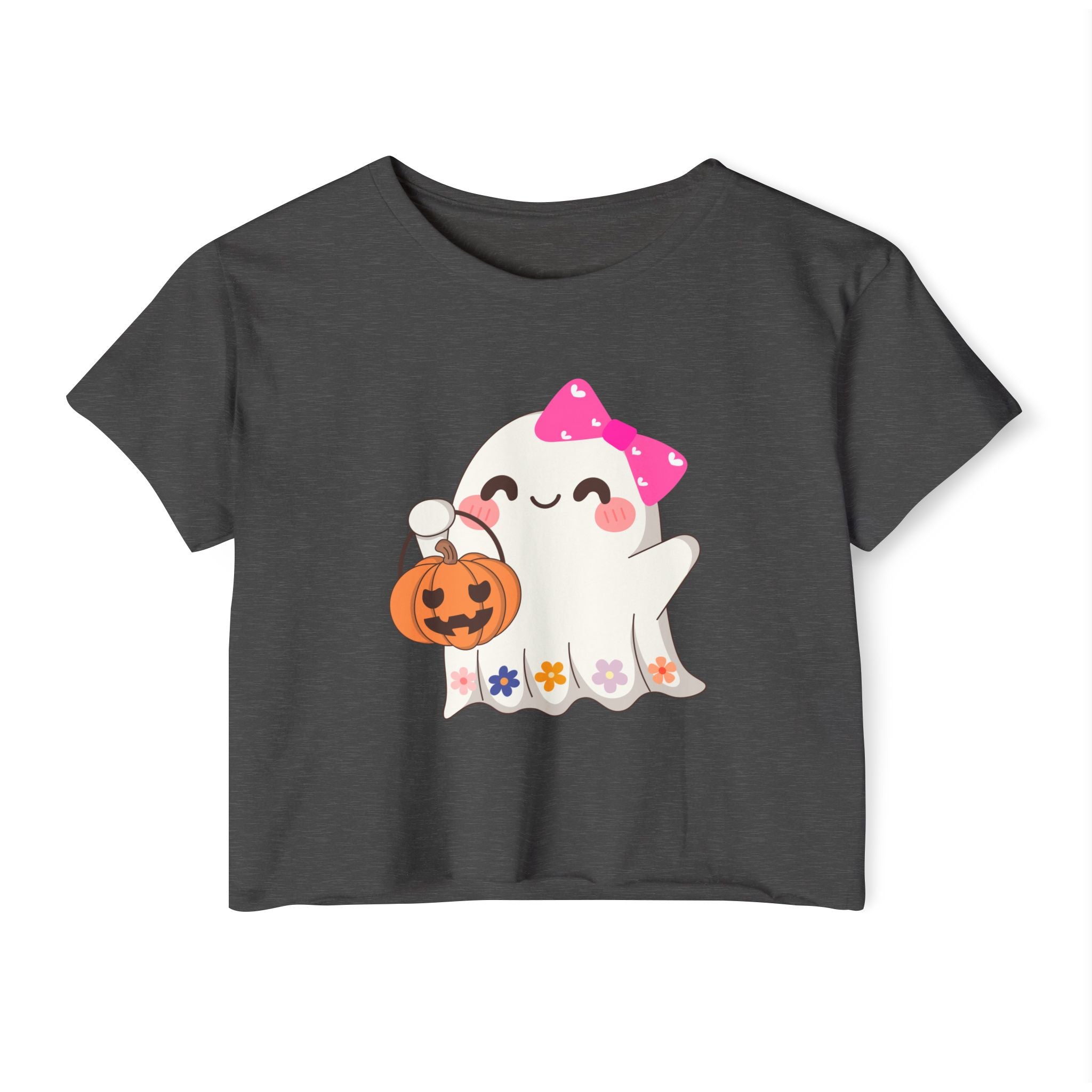 Charcoal gray t-shirt with a cute ghost design holding a pumpkin on a white background