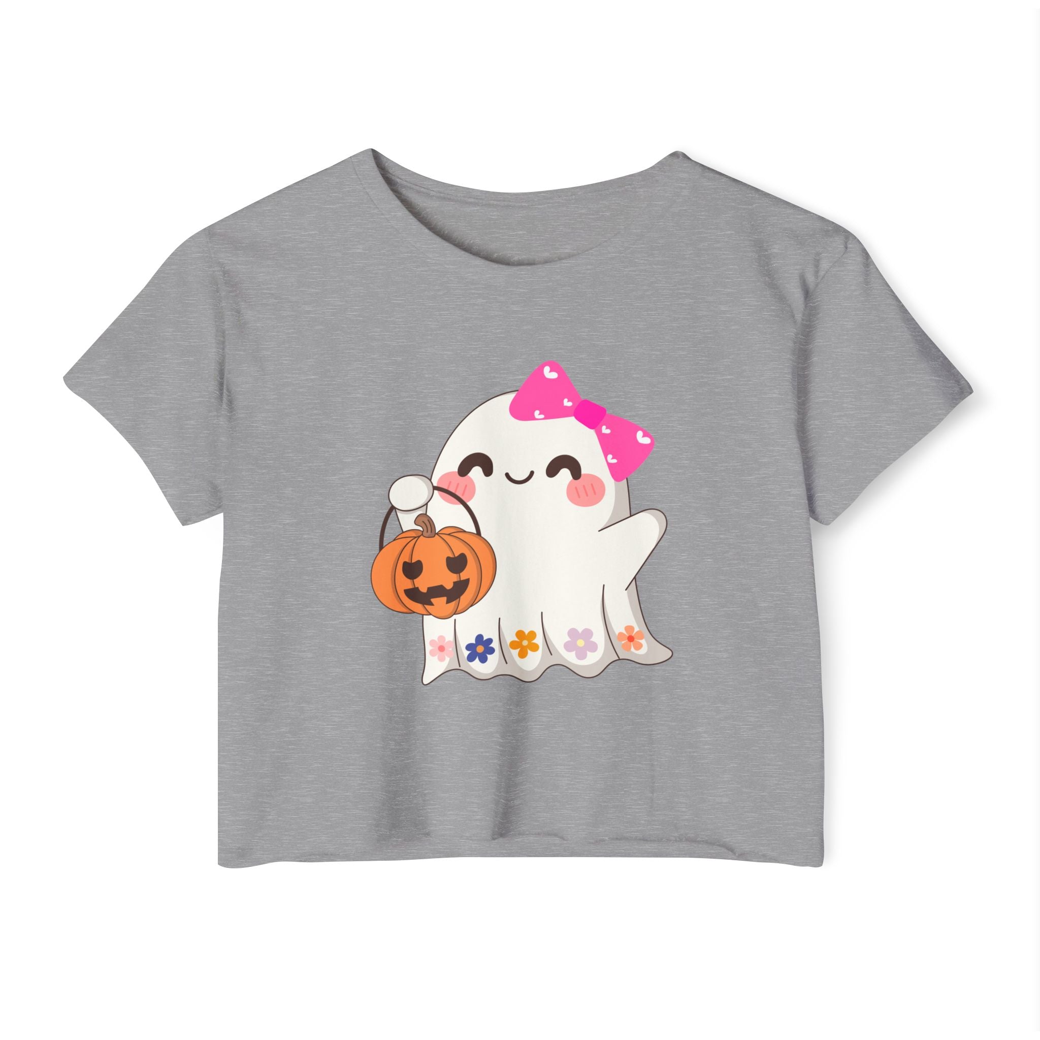 Gray t-shirt with a cute ghost design holding a pumpkin on a white background