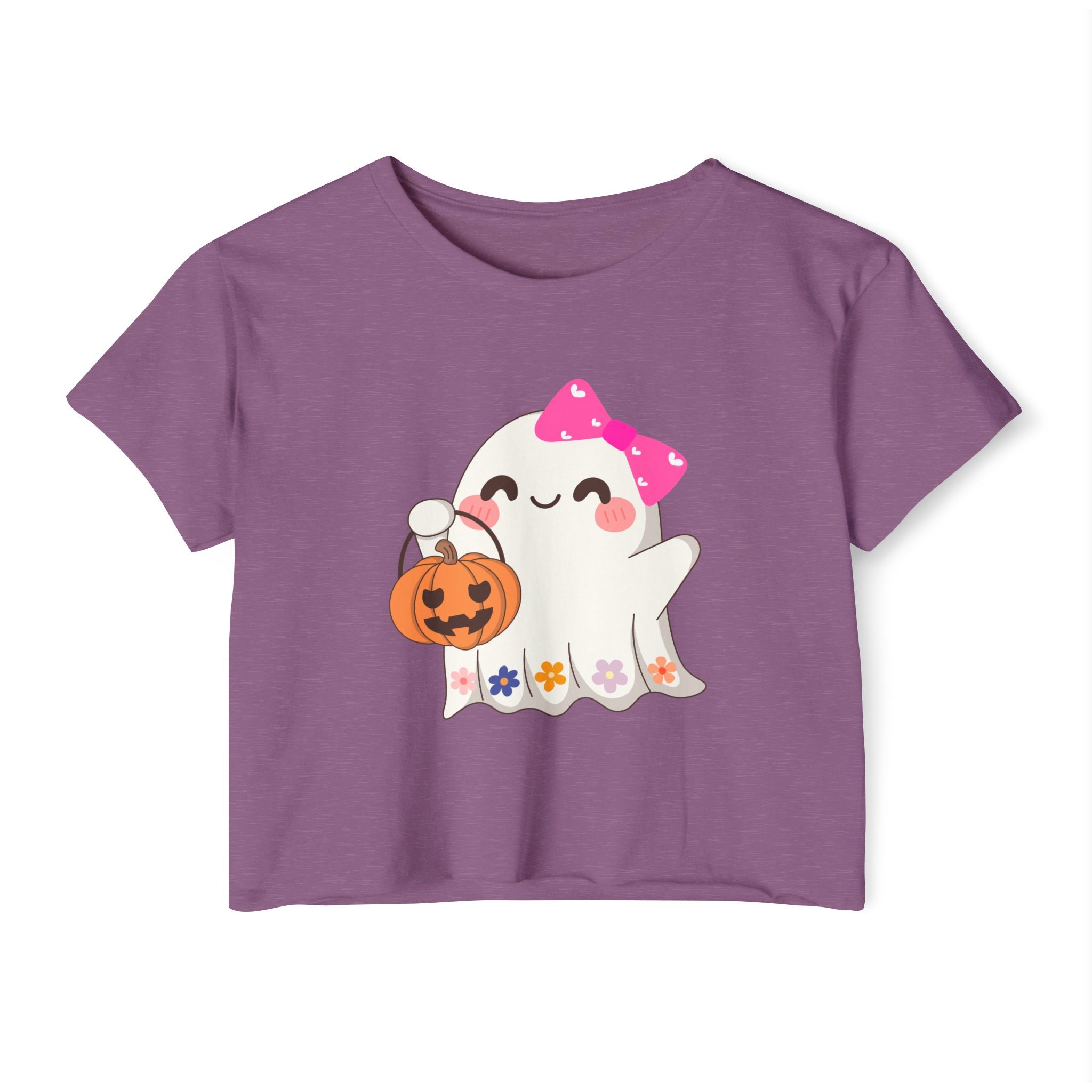 Shiraz purple t-shirt with a ghost holding a pumpkin design on a white background
